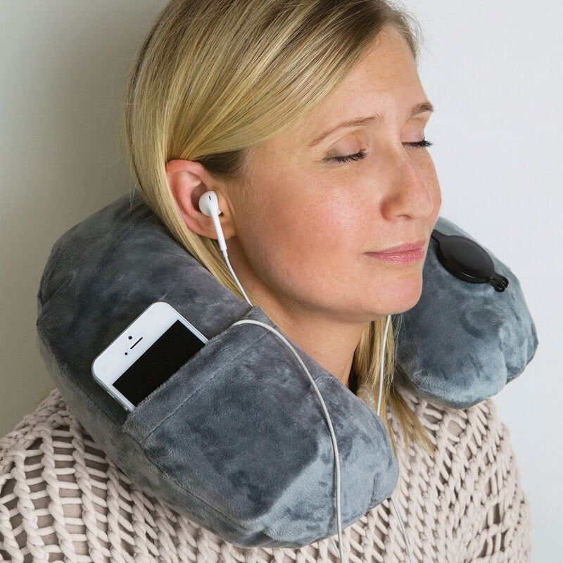 Travelon Deluxe Inflatable Neck Pillow for Airplane Travel - Comfortable & Portable Travel Pillow for Long Flights, Road Trips & Camping