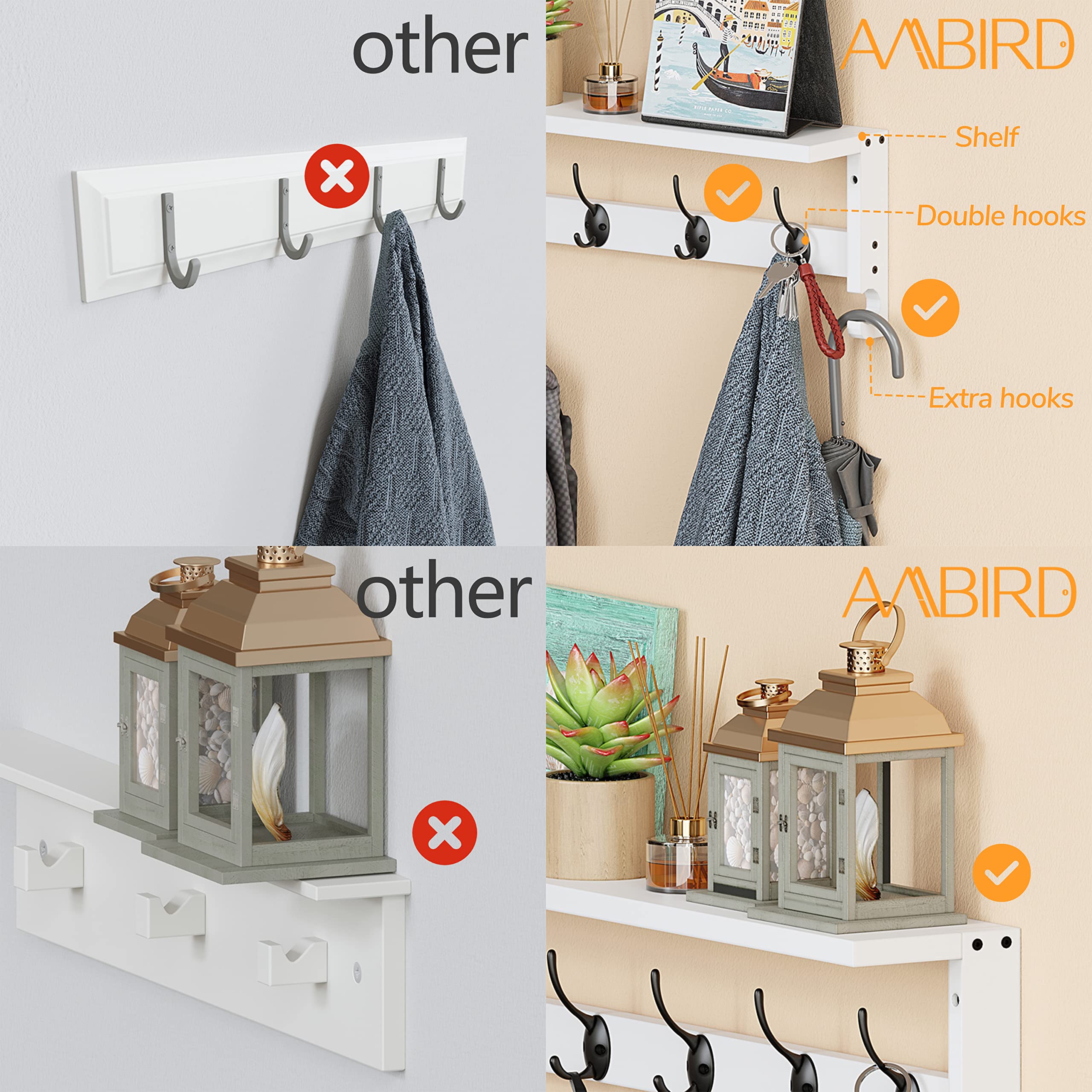 AMBIRD Wall Mounted Coat Rack with Shelf - 28.9 Inch Entryway Organizer with 5 Hooks for Coats, Hats, Bags & Accessories - Space Saving Hanging Solution for Living Room, Bedroom, Bathroom & Hallway (White, 28.9 x 4.5 Inches) - Perfect for Small Spaces & Home Organization