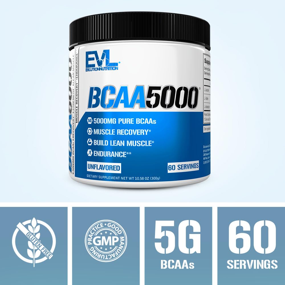EVLUTION EVL BCAA Amino Acid Powder - 5g Branched Chain Amino Acid Supplement for Men & Women - Post Workout Recovery Drink & Stimulant-Free Pre Workout Energy Powder - Unflavored - Ideal for Muscle Recovery, Gym Performance & Fitness Goals