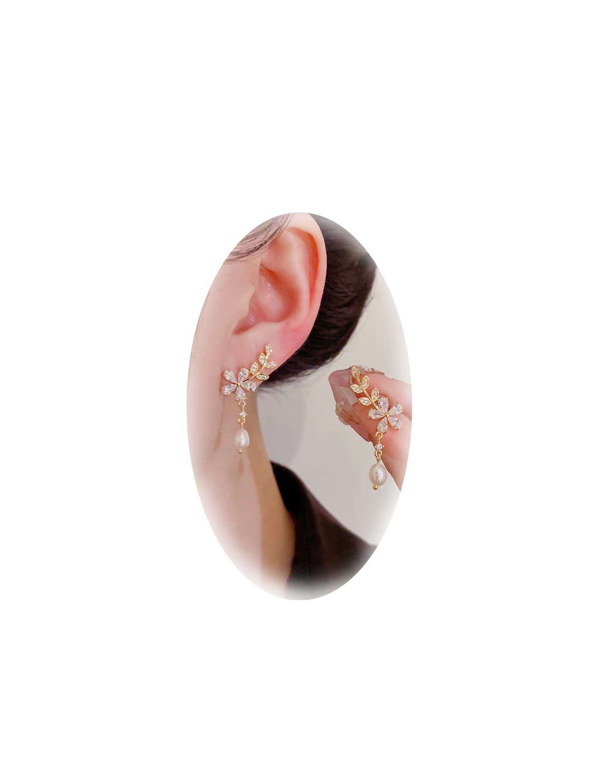Sparkling Cubic Zirconia Flower Drop Dangle Crawler Earrings for Women - Rhinestone Crystal Stud Climber Cartilage Earrings with Tassel Chain - Perfect for Bridal, Wedding, Party & Evening Occasions (Pearl Flower Design)
