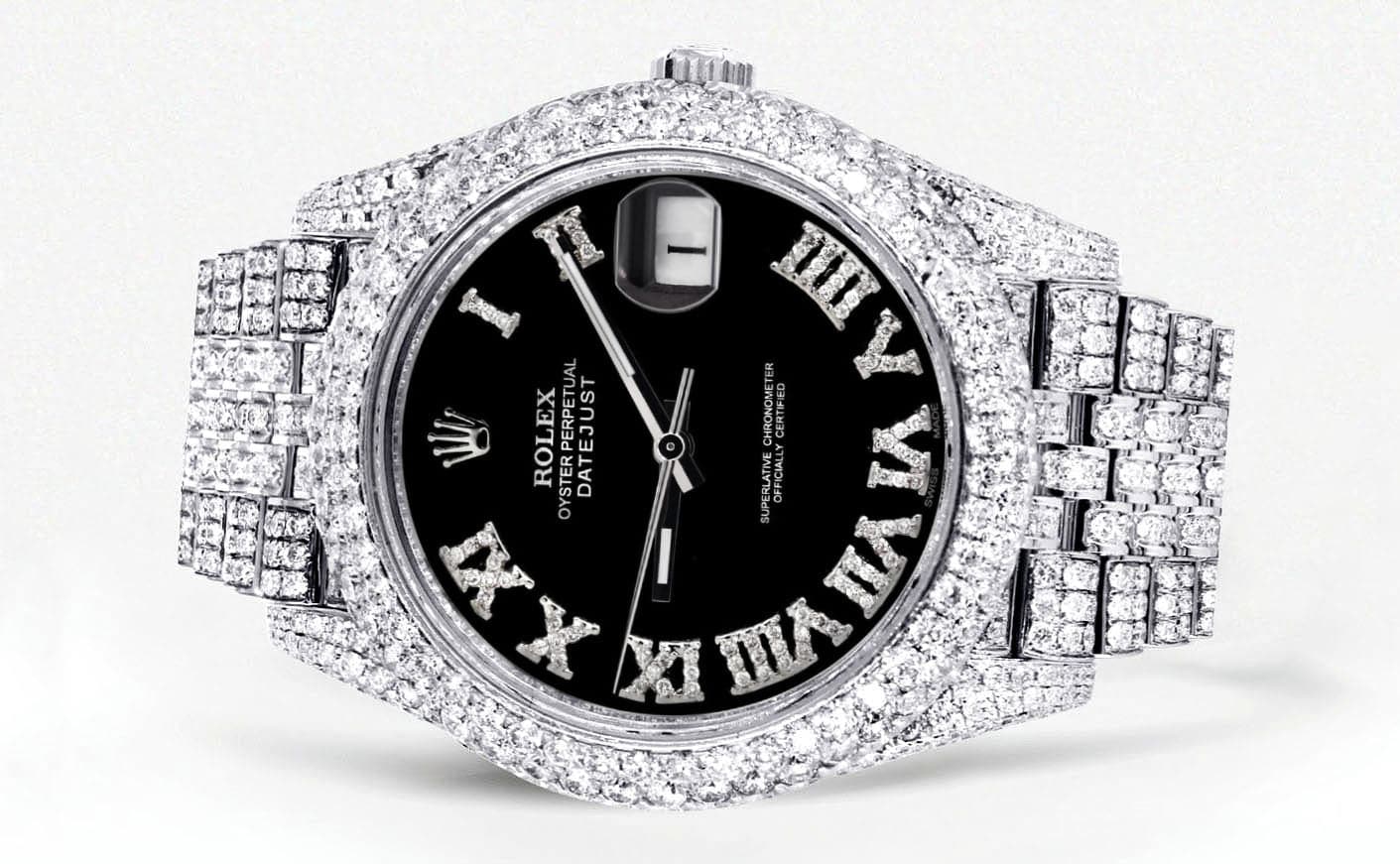 Luxury Diamond Iced Out Rolex Datejust 41 Watch - 25 Carats Genuine Diamonds | Custom Black Roman Numeral Diamond Dial | Two Row Jubilee Bracelet | Perfect for Gifting, Special Occasions & Luxury Fashion Statements