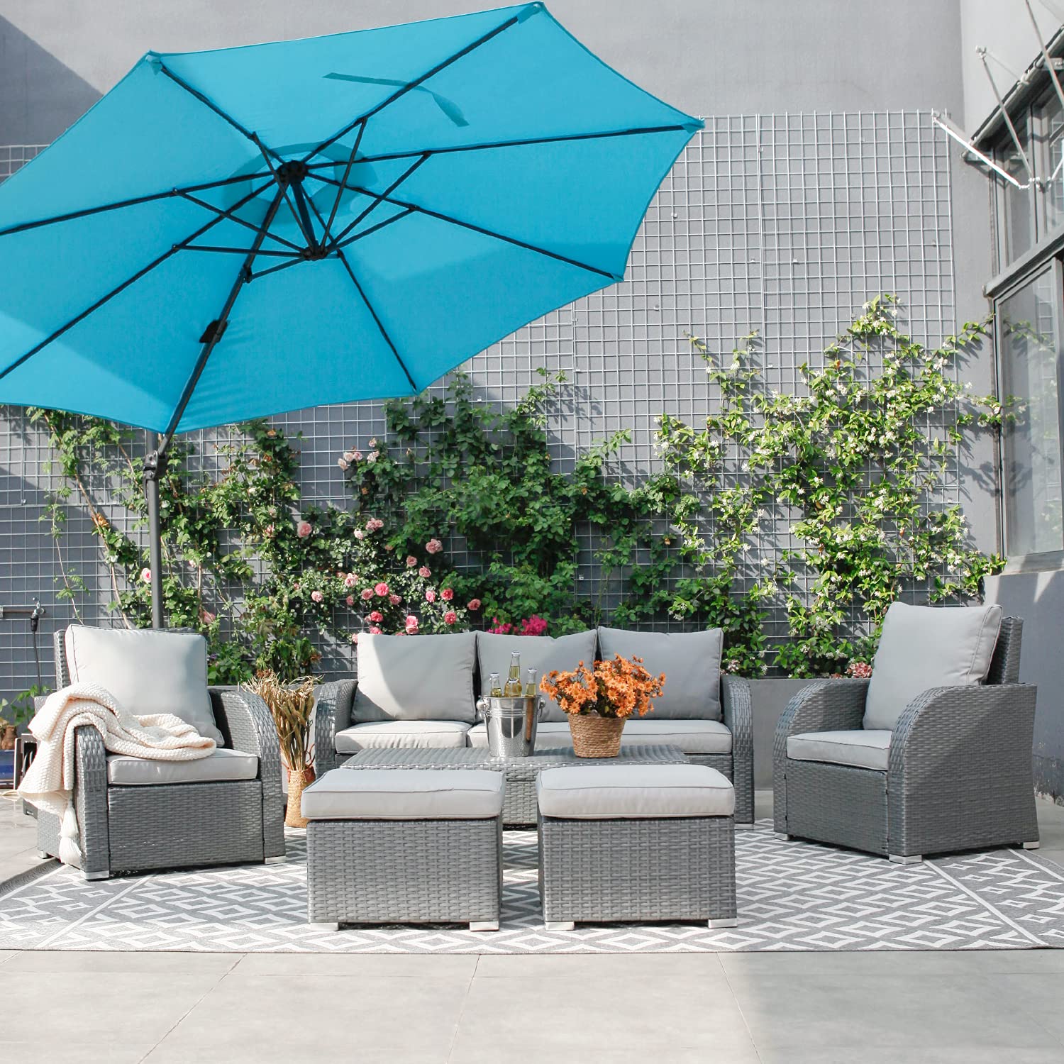 WeCooper 6-Piece Outdoor Rattan Furniture Set - Patio Wicker 7-Seater Sofa with Coffee Table, Recliner & Ottoman in Grey - Perfect for Garden, Conservatory or Backyard Relaxation