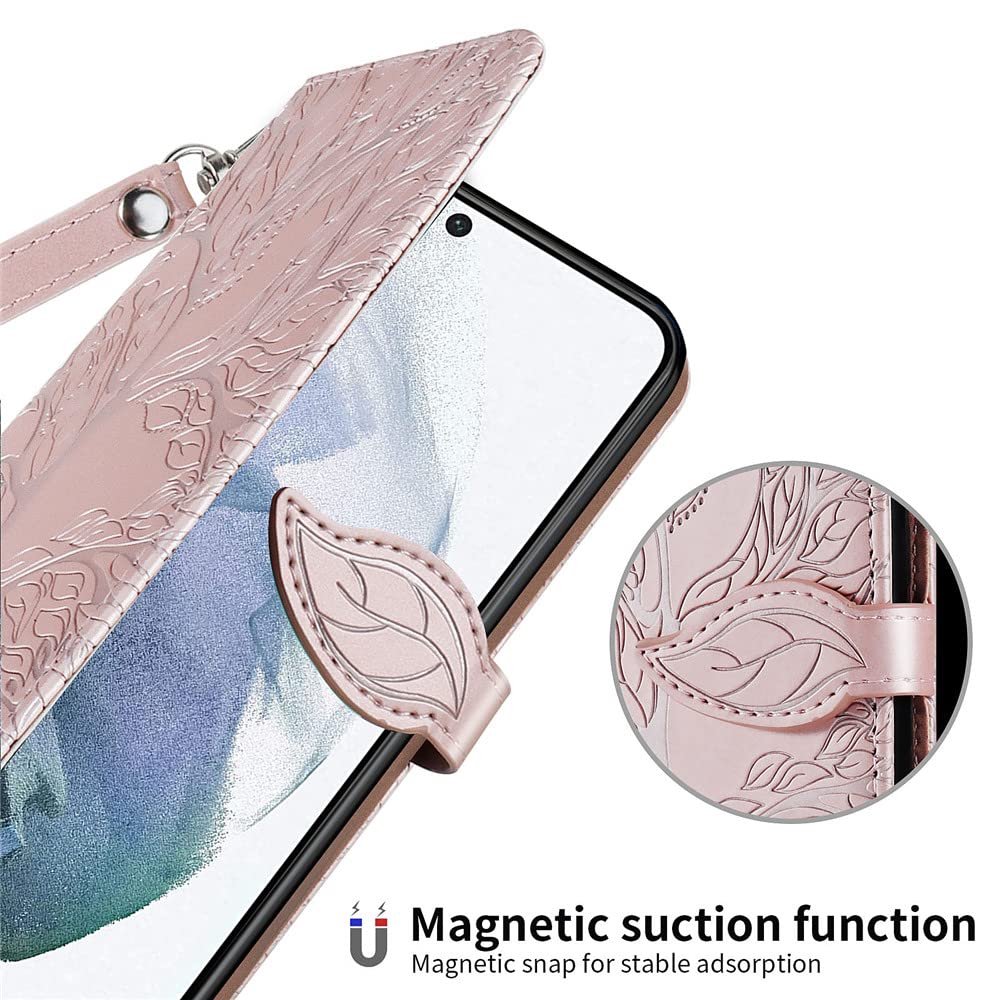 Premium PU Leather Samsung Galaxy S22 Case with Card Slots & Kickstand - Embossed Tree Design, Wrist Strap, 6.1 inch Protective Phone Cover (Rose) - Perfect for Daily Use, Travel & Hands-Free Viewing