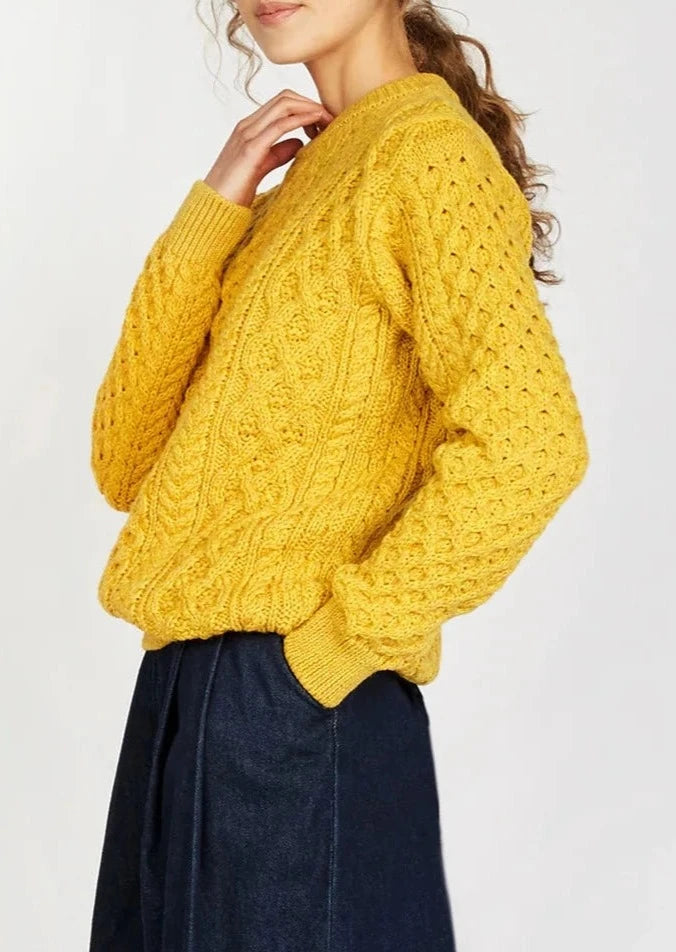 Ireland's Eye Aran Sweater for Women - 100% Wool Cable Knit Irish Sweater | Sunflower Design | Perfect for Winter, Fall & St. Patrick's Day Outfits
