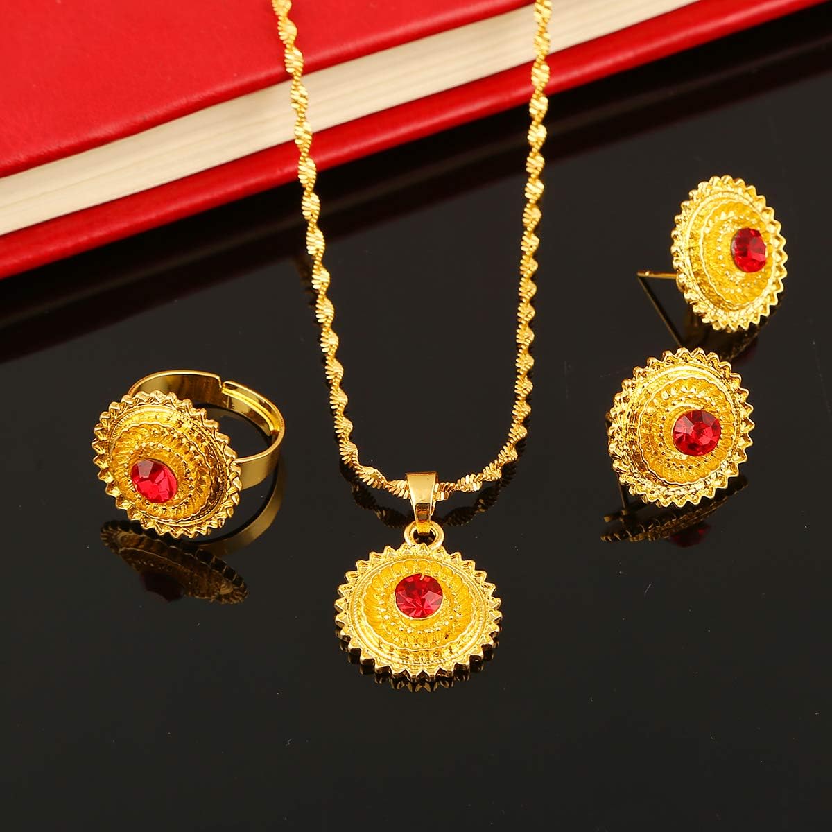Ethiopian Gold Jewelry Set - African Habesha Handmade Earrings, Pendant & Ring with Genuine Stone | Nigerian Tribal Jewelry for Weddings, Parties & Cultural Events