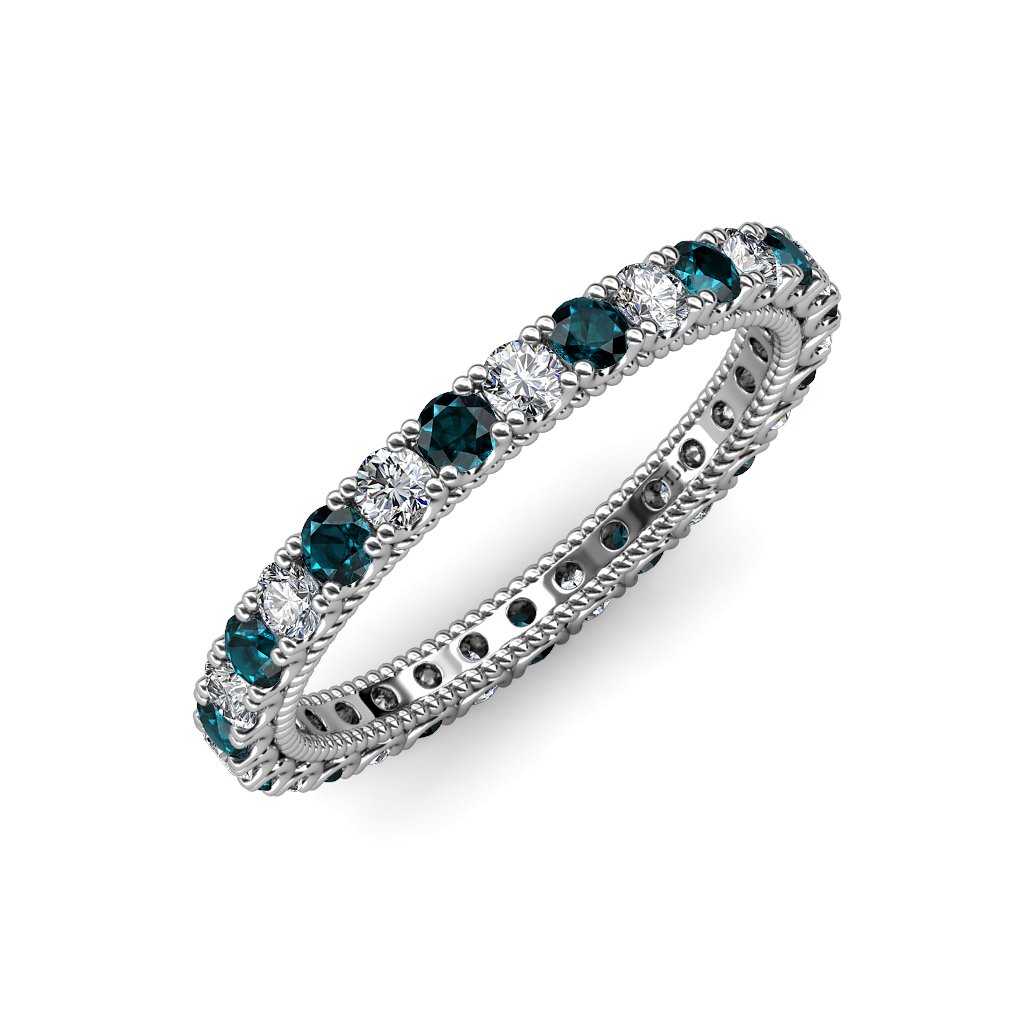 1.30-1.50ctw Diamond & London Blue Topaz Stackable Eternity Band Ring for Women in 14K White Gold - Perfect for Weddings, Anniversaries & Everyday Elegance