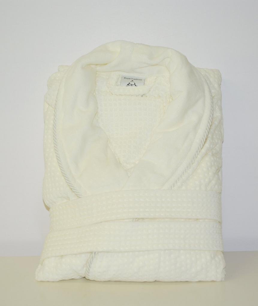 Luxurious 100% Egyptian Cotton Jacquard Velour Shawl Collar Waffle Weave Unisex Spa Bathrobe - Super Soft & Highly Absorbent Ivory Robe for Home, Hotel & Spa Relaxation