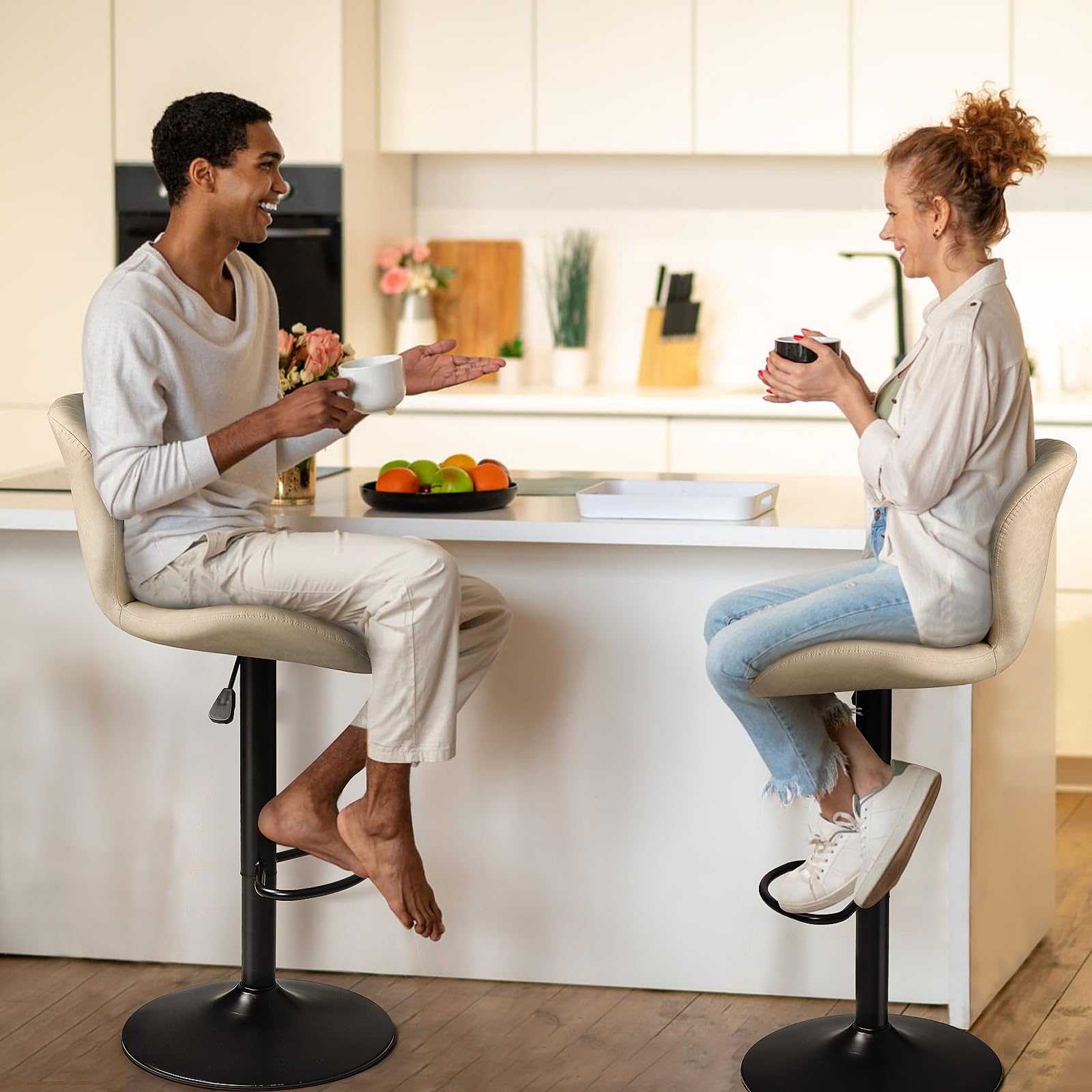 PUKAMI 2-Pack Adjustable Swivel Bar Stools with Backrest & Footrest - Modern Faux Leather Counter Height Bar Chairs for Kitchen, Dining Room, Home Bar - Comfortable & Stylish Seating for Entertaining (Beige)