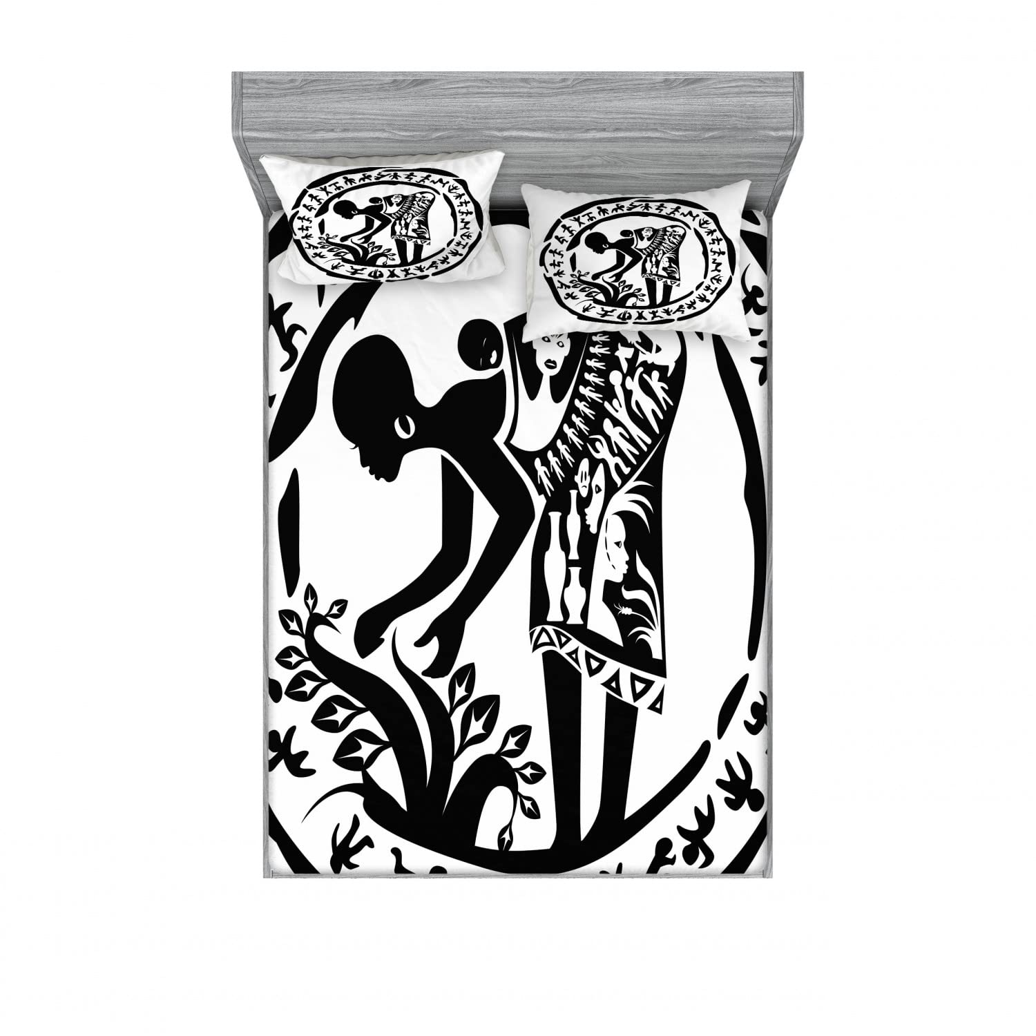 Ambesonne African Tribal Print 2-Piece Queen Size Fitted Sheet Set with 4 Pillow Shams - Black & White Geometric Pattern Bedding for Master Bedroom, Guest Room & Dorm Decor