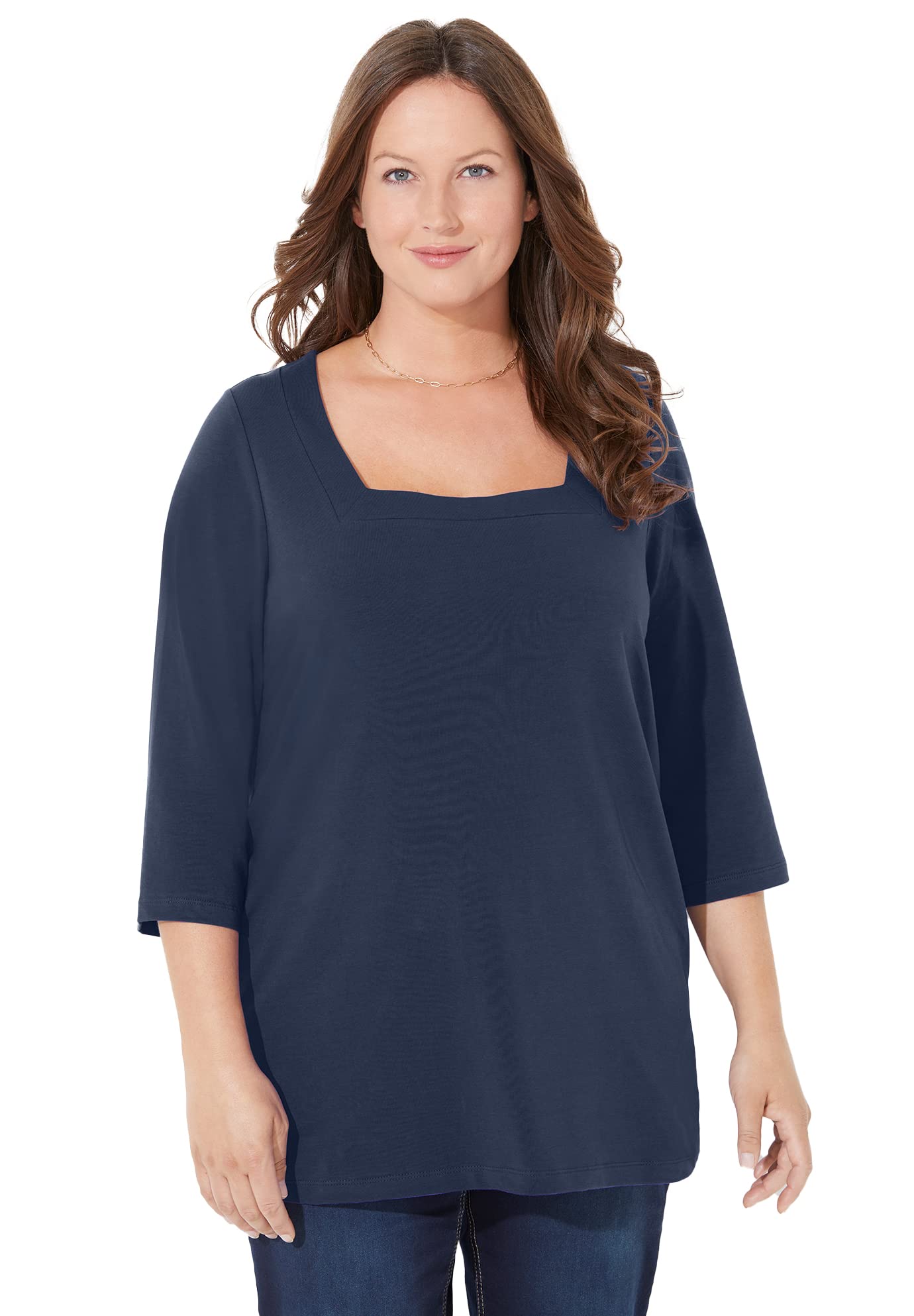 Catherine's Women's Plus Size Petite Ultra-Soft Square-Neck T-Shirt - 2XWP, Navy Blue (2776) | Comfortable Casual Wear for Work & Everyday Outfits