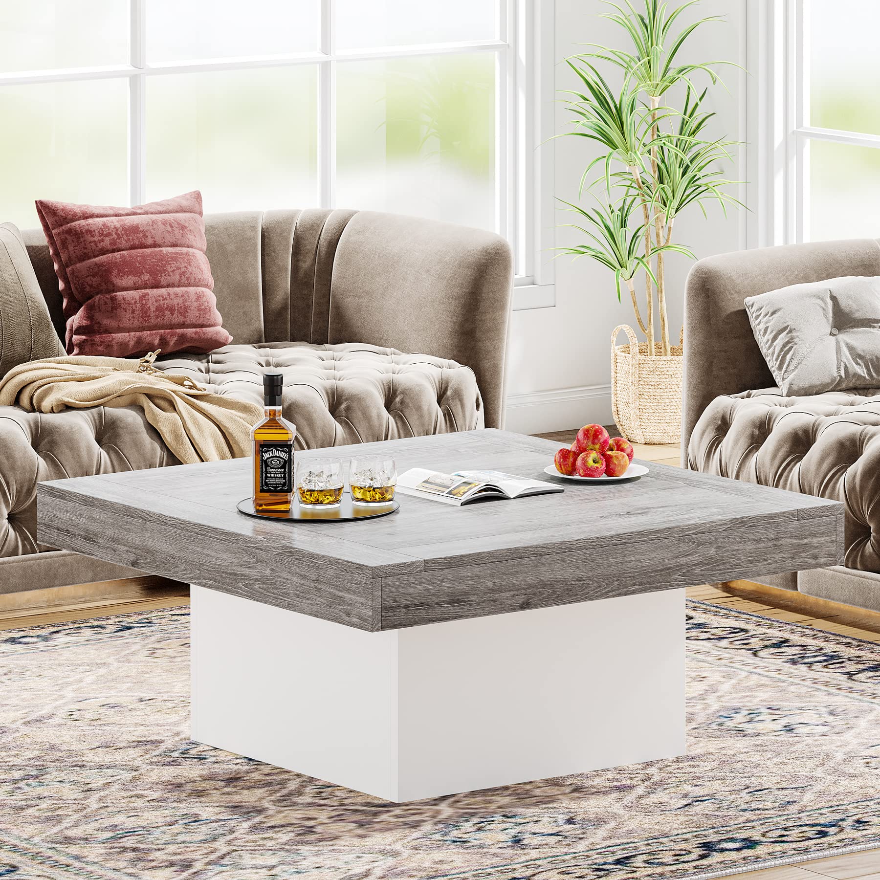 Tribesigns Modern Square LED Coffee Table with Storage - Engineered Wood Living Room Furniture in Grey & White - Perfect for Small Spaces, Apartments & Home Decor