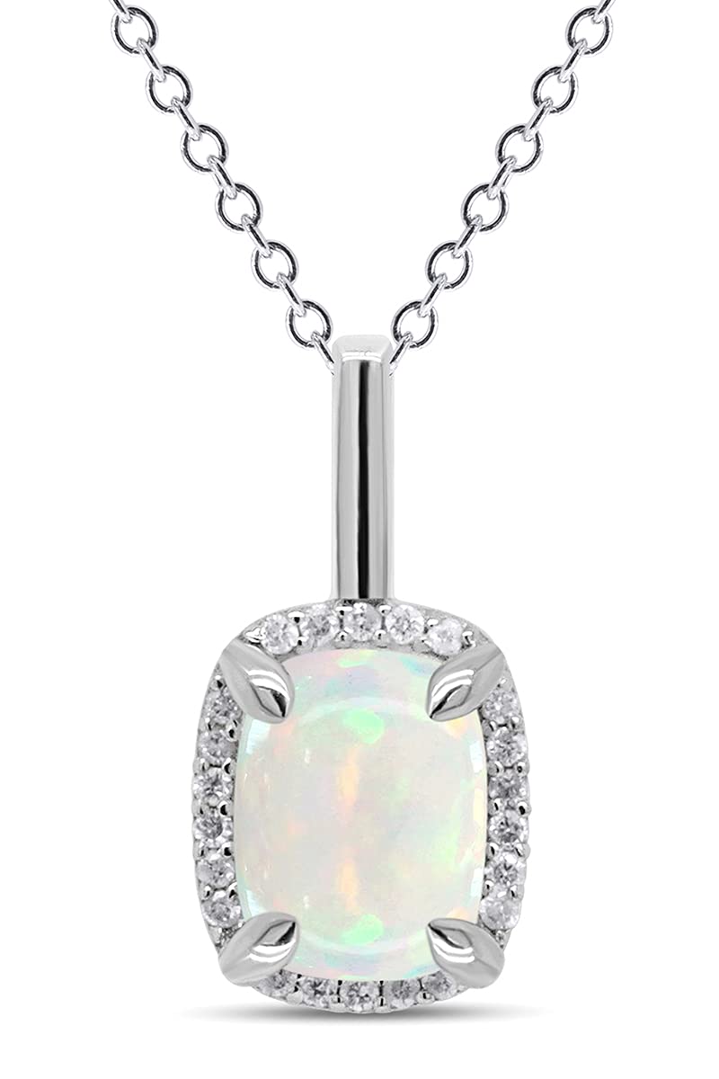 1.25 CT Cushion Cut Natural White Opal & Diamond Halo Pendant Necklace - 10K, 14K, 18K Solid Gold Women's Jewelry Gift with 18