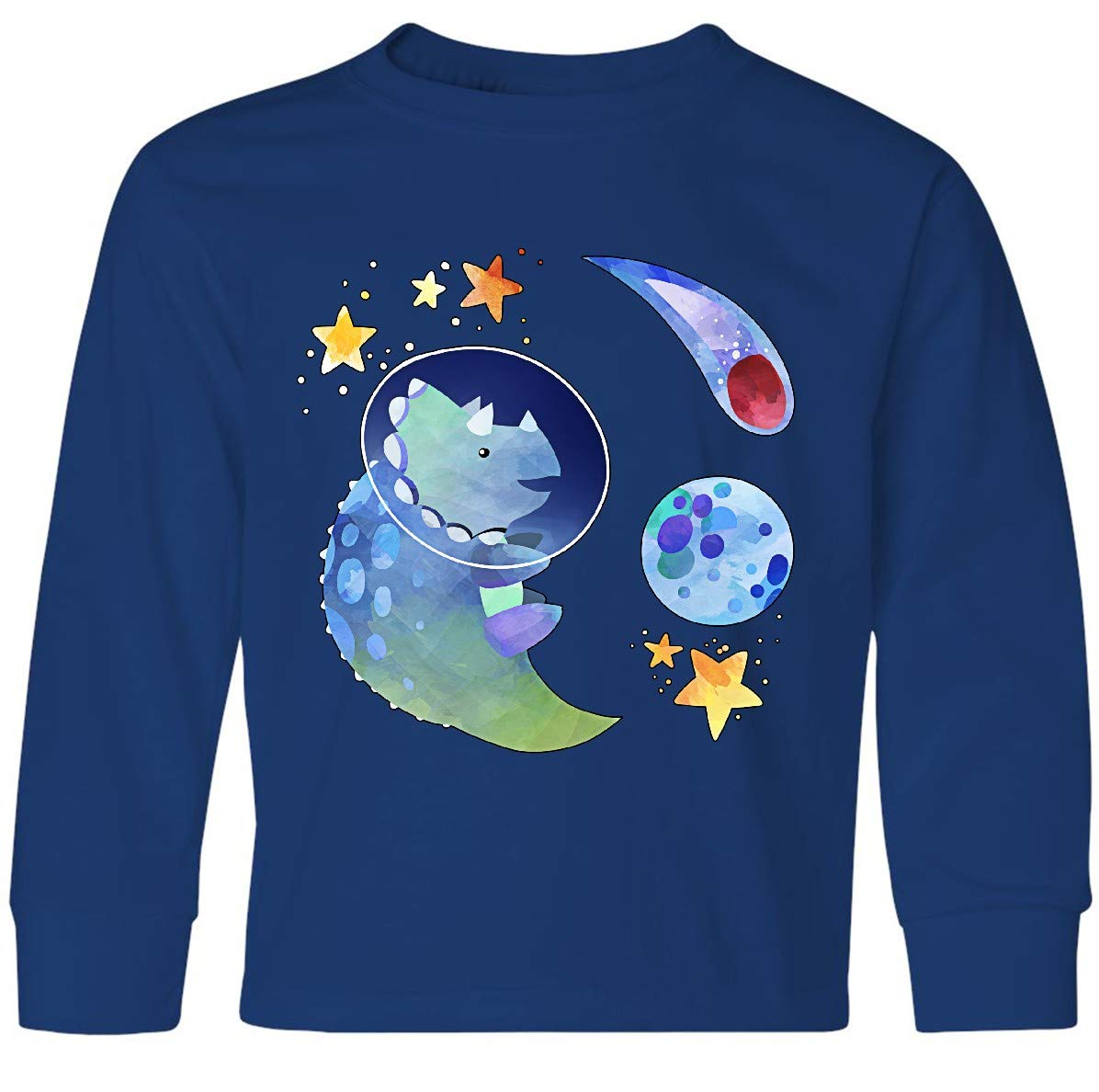Inktastic Triceratops in Space with Planets and Stars - Kids Long Sleeve T-Shirt - Dinosaur Themed Cotton Tee for Boys & Girls - Fun Space Adventure Shirt for School, Playdates & Birthday Parties
