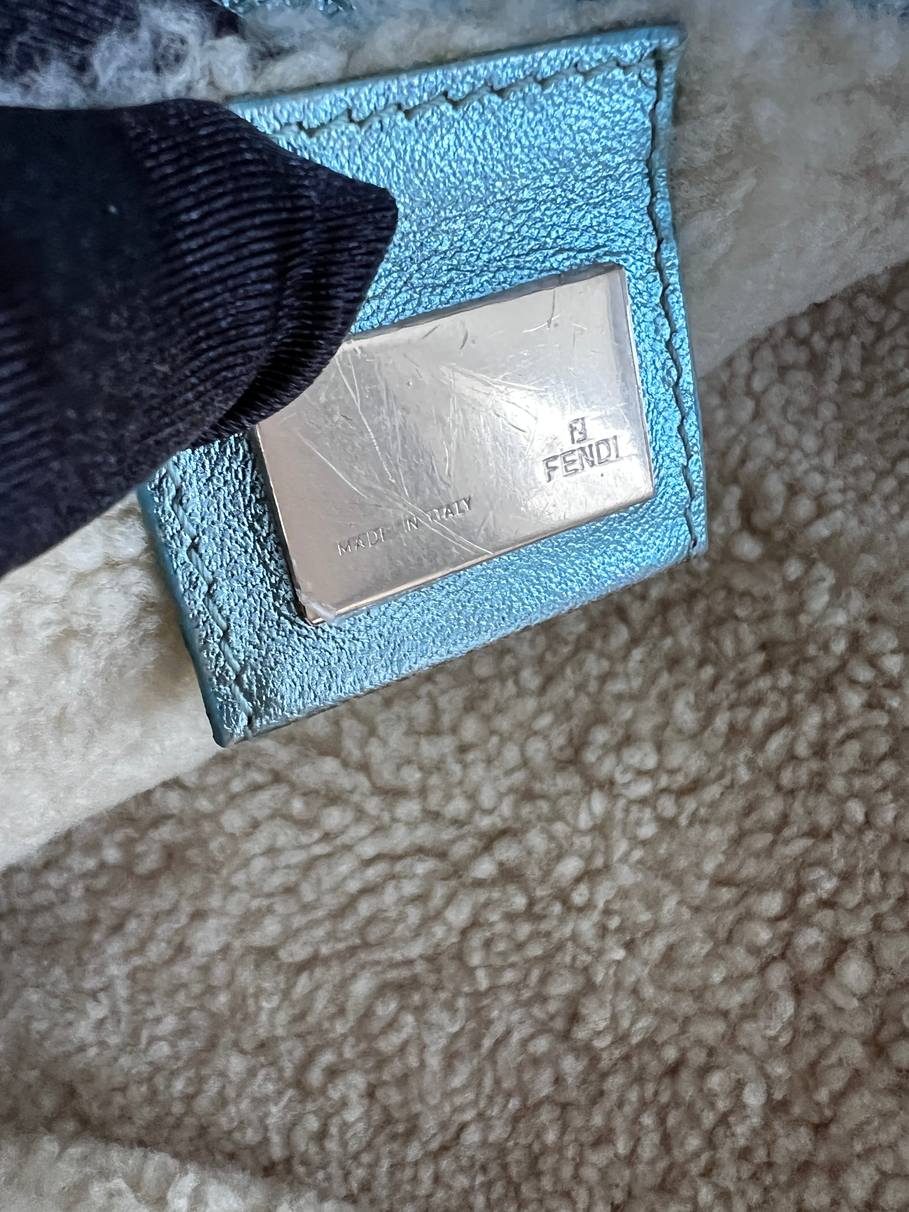 Fendi Metallic Ice Blue Shearling Baguette Bag - Luxury Shoulder Purse for Women, Perfect for Parties, Events & Everyday Use