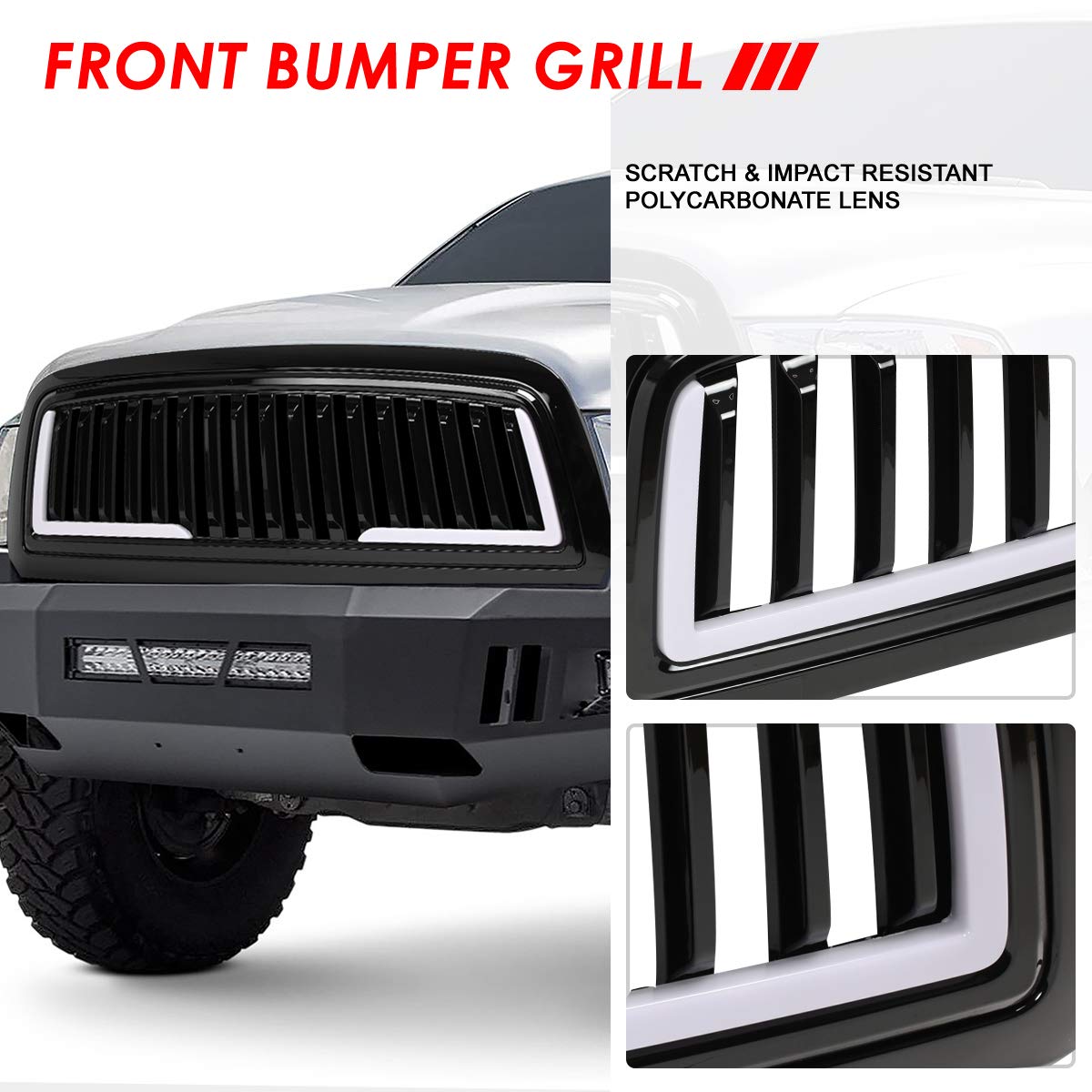 Auto Dynasty U-LED DRL Badgeless Vertical Slat Glossy Front Bumper Hood Grille for Dodge Ram 1500 DS/DJ/D2 (2009-2012) - Upgrade Your Truck's Style & Visibility for Daily Driving & Off-Road Adventures