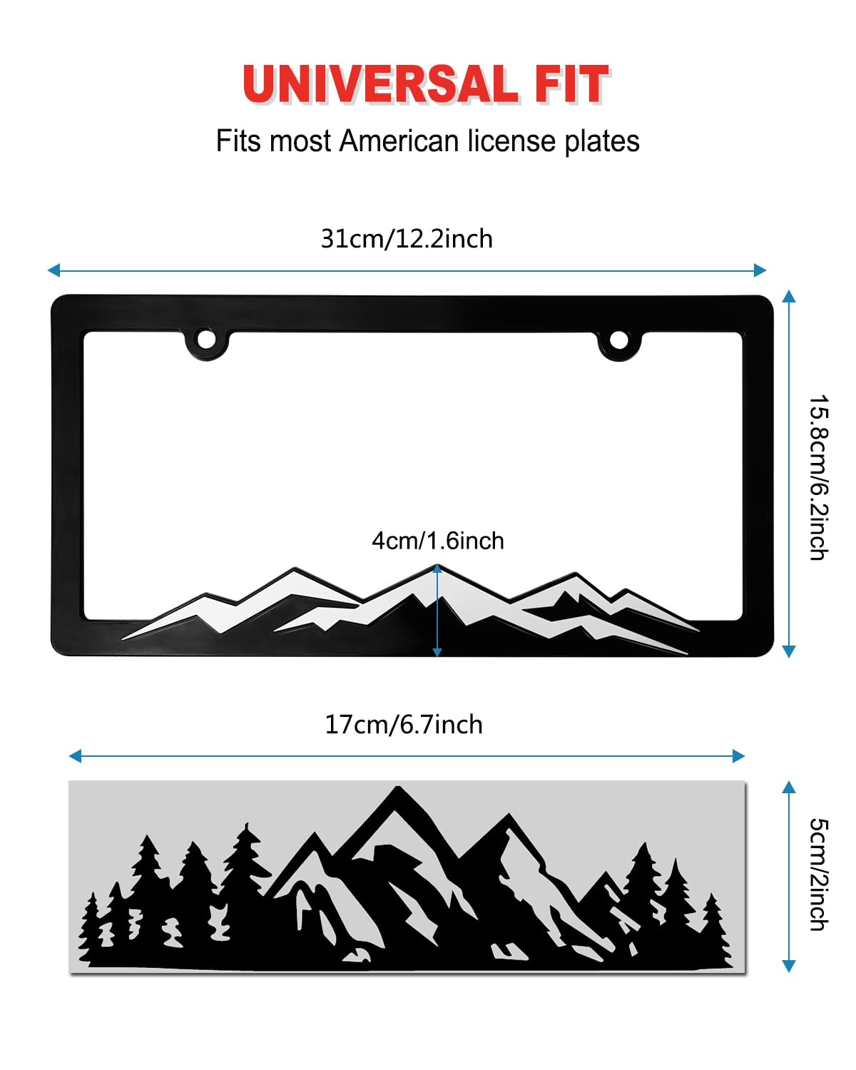 Mountain License Plate Frames - 2 Pack Black Plastic Car Tag Holder Bracket with Screw Caps & Vinyl Sticker (2 Hole, White on Black) - Perfect for Off-Road Vehicles, Trucks & SUV Customization
