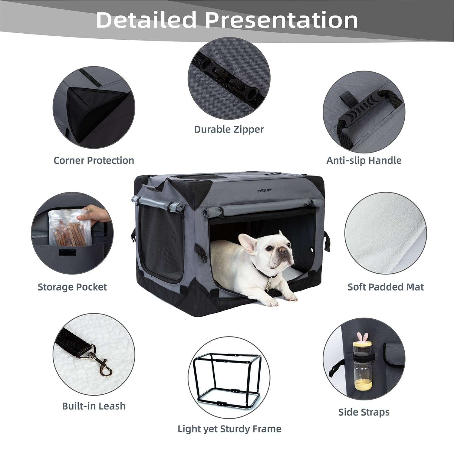 42 Inch Collapsible Dog Crate with 4 Door Curtains - Portable Soft Pet Kennel for Travel, Chew Proof Mesh for Indoor & Outdoor Use - Grey (Includes Carry Bag) - Perfect for Car Trips, Camping & Home Comfort