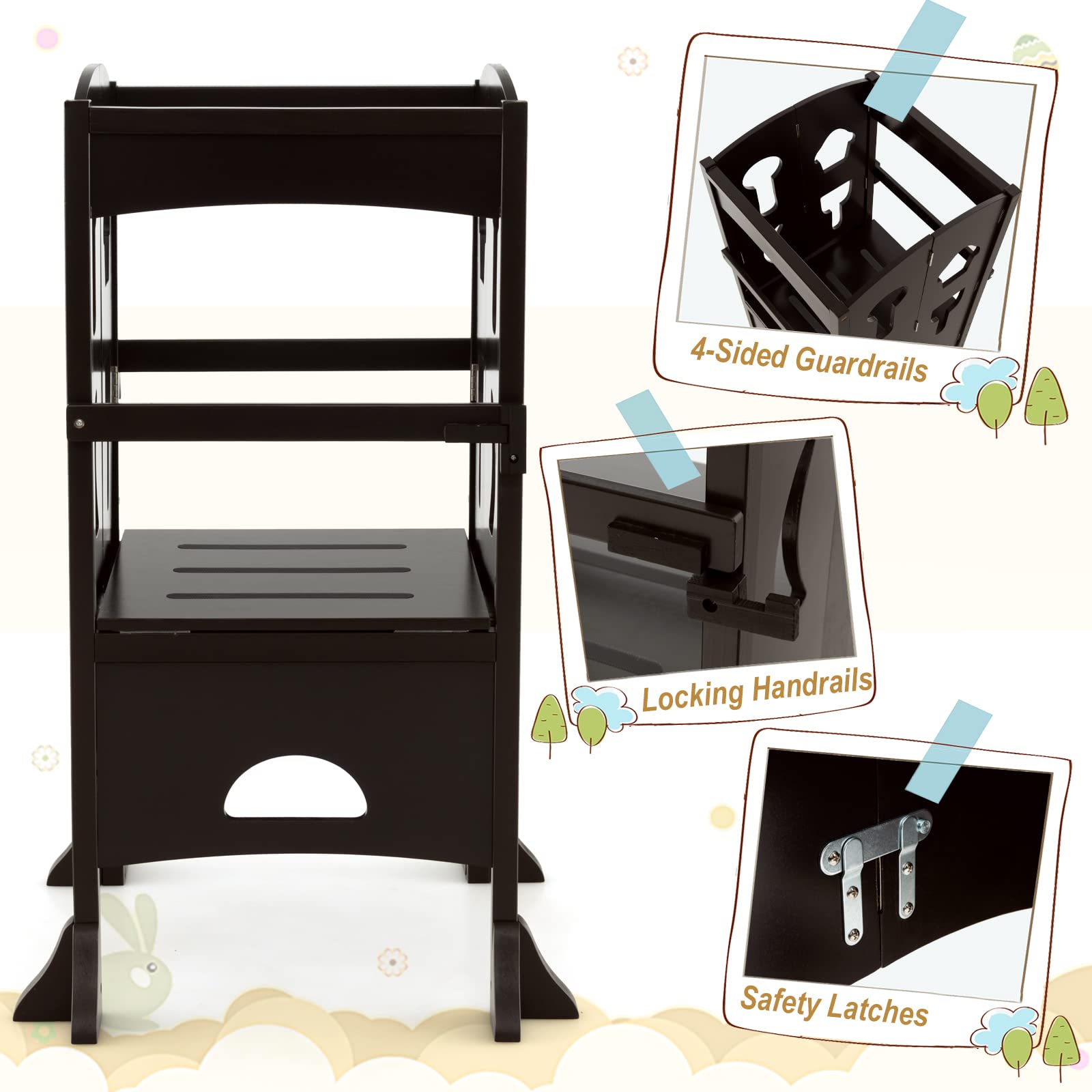 Costzon Adjustable Height Foldable Kids Kitchen Step Stool with Safety Rail - Montessori Learning Tower for Toddlers - Wooden Standing Helper for Bathroom & Kitchen Counter - Perfect for Baking, Washing Hands & Safe Exploration