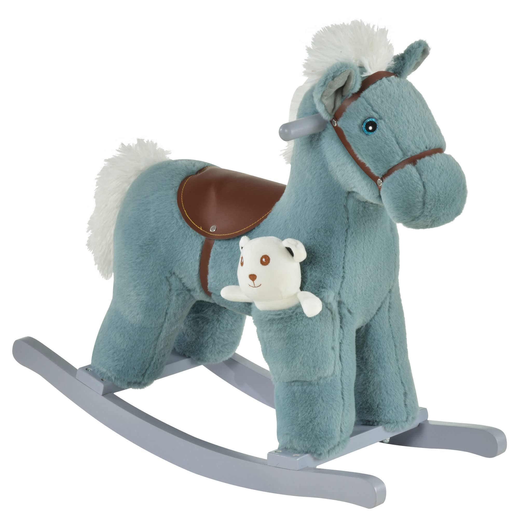 Qaba Kids Plush Ride-On Rocking Horse with Bear Toy - Soft Plush Children's Chair with Realistic Sounds, Blue | Fun Toddler Rocking Toy for Playroom & Nursery Decor
