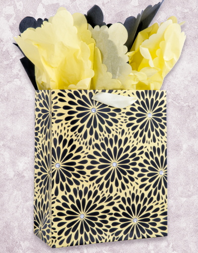 Premium Black and Yellow Dahlia Printed Gift Bags - Elegant Party Favors for Weddings, Birthdays & Special Occasions