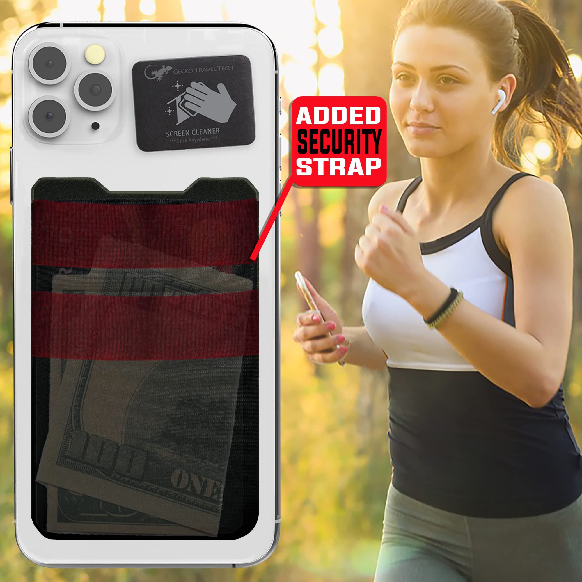 Stick-On Phone Wallet with Double Pocket - Adhesive Card Holder for Credit Cards & Cash - Gecko Spandex Cell Phone Pouch (Black) - Perfect for Gym, Running & Everyday Use