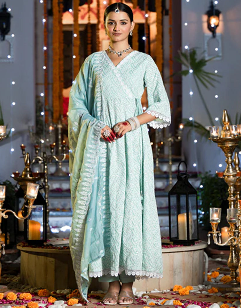 Sky Blue Pure Cotton Angrakha Anarkali Kurta Trouser with Dupatta Set - Traditional Indian Ethnic Wear for Women - Perfect for Festivals, Weddings & Special Occasions