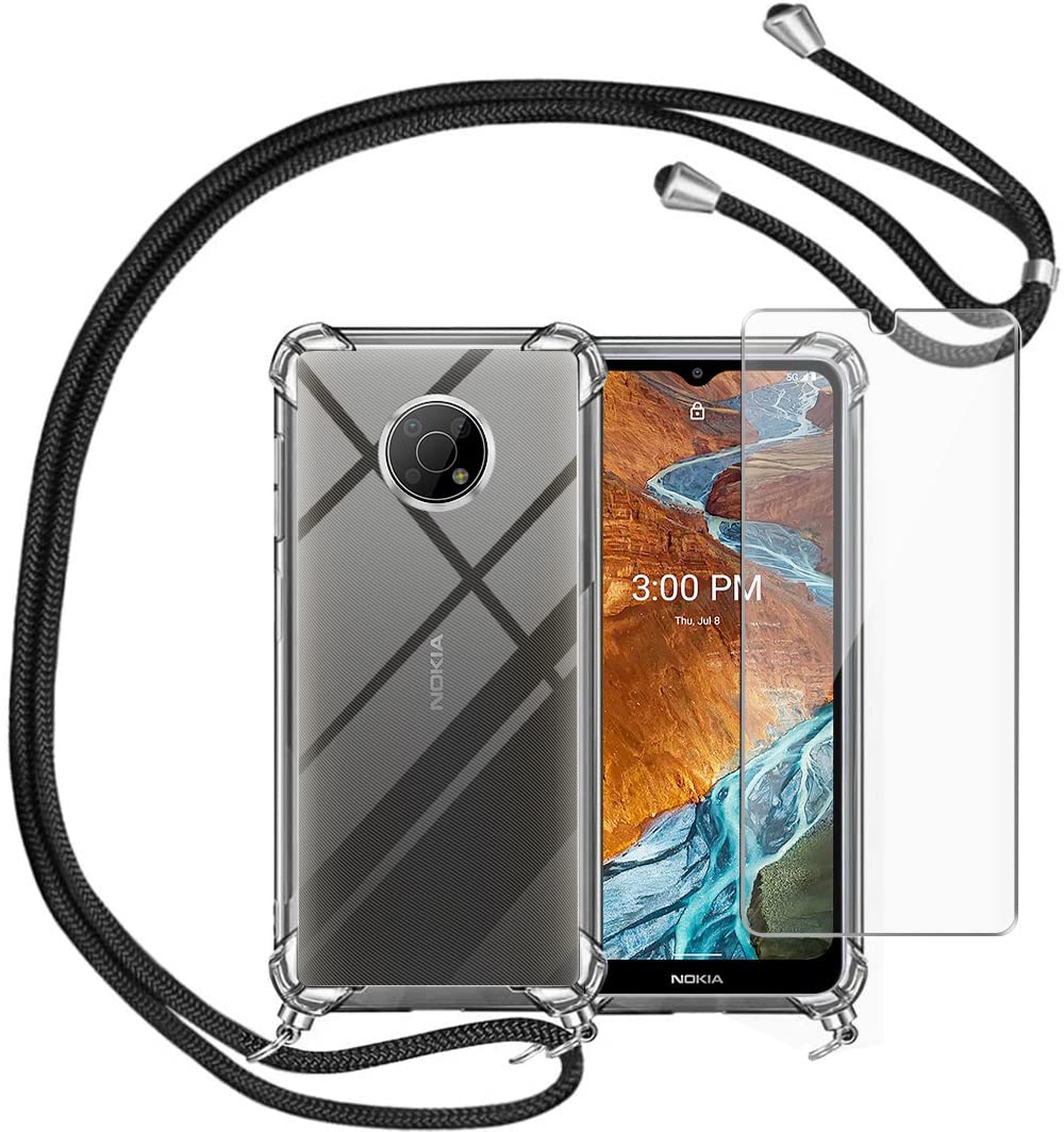 Premium Shockproof Clear/Black Silicone Phone Case with Tempered Glass Screen Protector & Neck Strap for Nokia G300 5G - Perfect for Daily Protection, Outdoor Activities & Travel Accessories