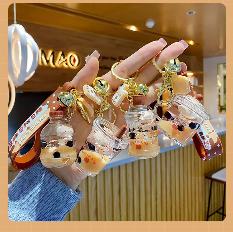 HSYHERE Floating Milk Tea Brown Bear Keychain - Cute Lucky Charm Keyring for Men & Women - Perfect Gift for Tea Lovers, Office Decor, Bag Accessory