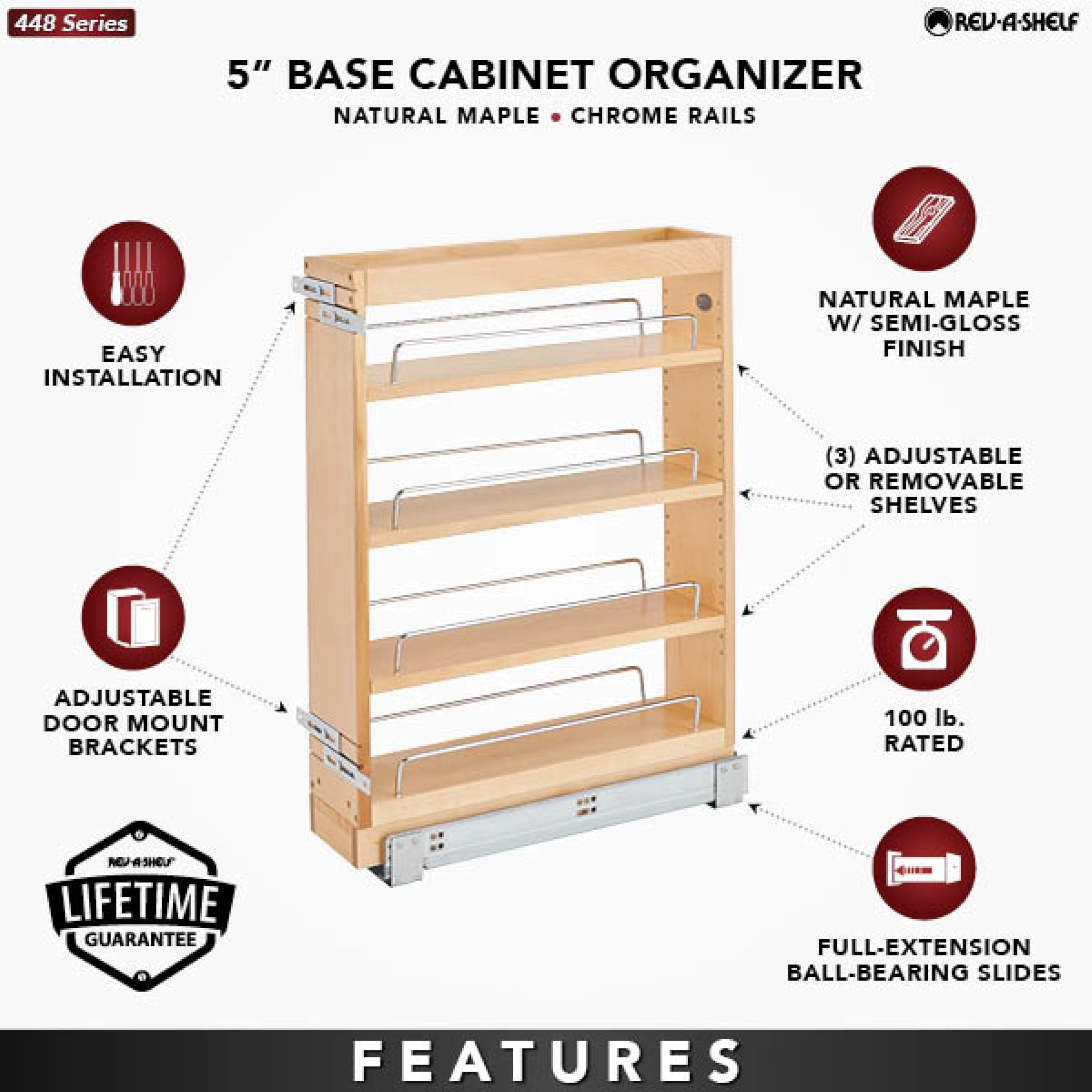 Rev-A-Shelf Pull Out Base Cabinet Organizer - Adjustable Shelves for Kitchen & Bathroom Storage - Solid Maple Wood Drawer Organizer (Model 448-BC19-5C) - Perfect for Pots, Pans & Toiletries Organization