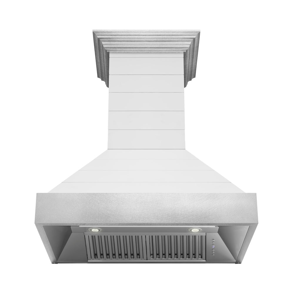 ZLINE 36 Inch Rustic Shiplap Wooden Wall Mount Range Hood - Bright White Finish with Stainless Steel Accents (Model 365WW 36) | Perfect for Farmhouse Kitchen, Modern Cabinets & Open Concept Homes
