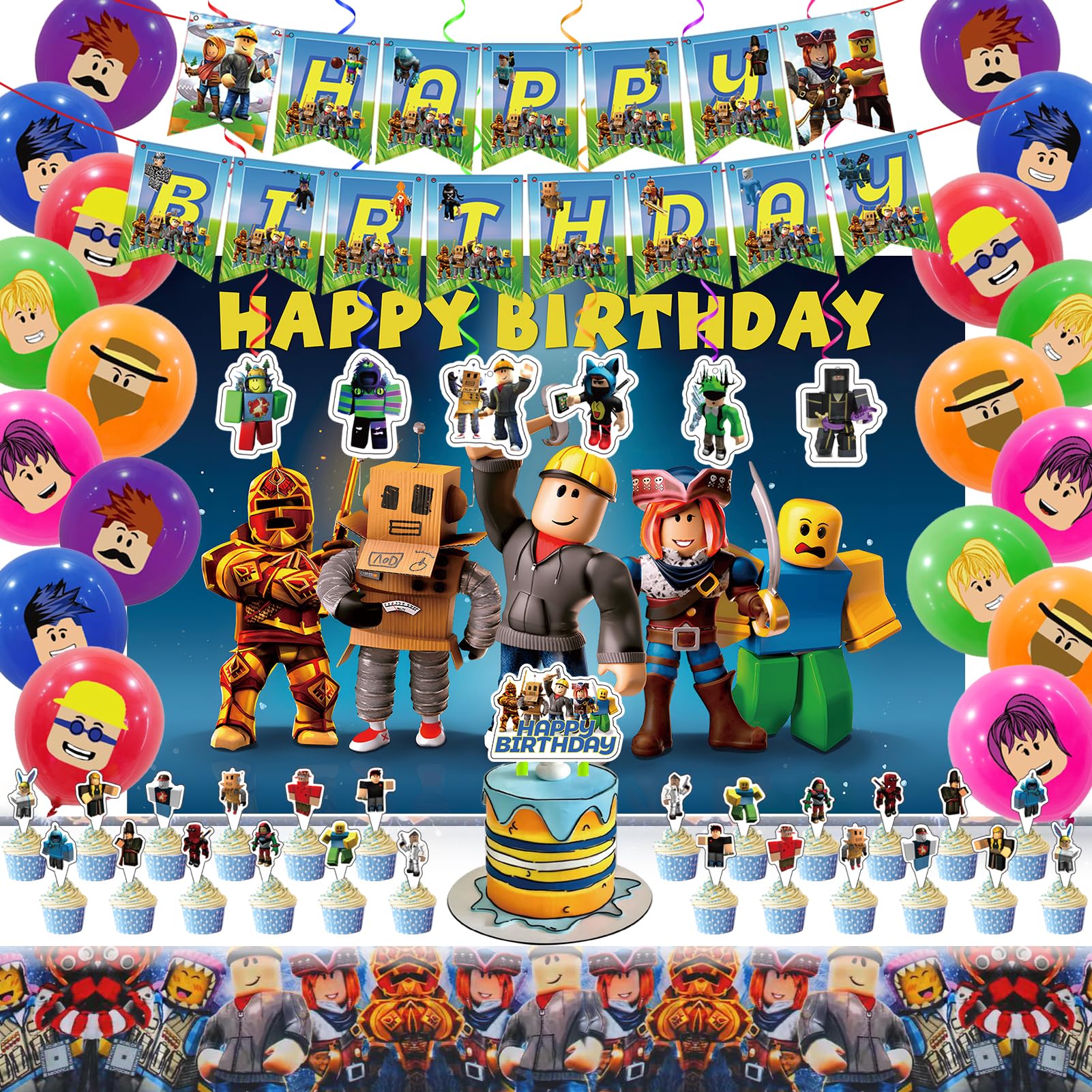Birthday Party Decorations Kit - Happy Birthday Banner, Backdrop, Tablecloth, Cake & Cupcake Toppers, Latex Balloons, Hanging Swirls - Perfect for Kids Birthday Parties, Baby Showers & Celebrations