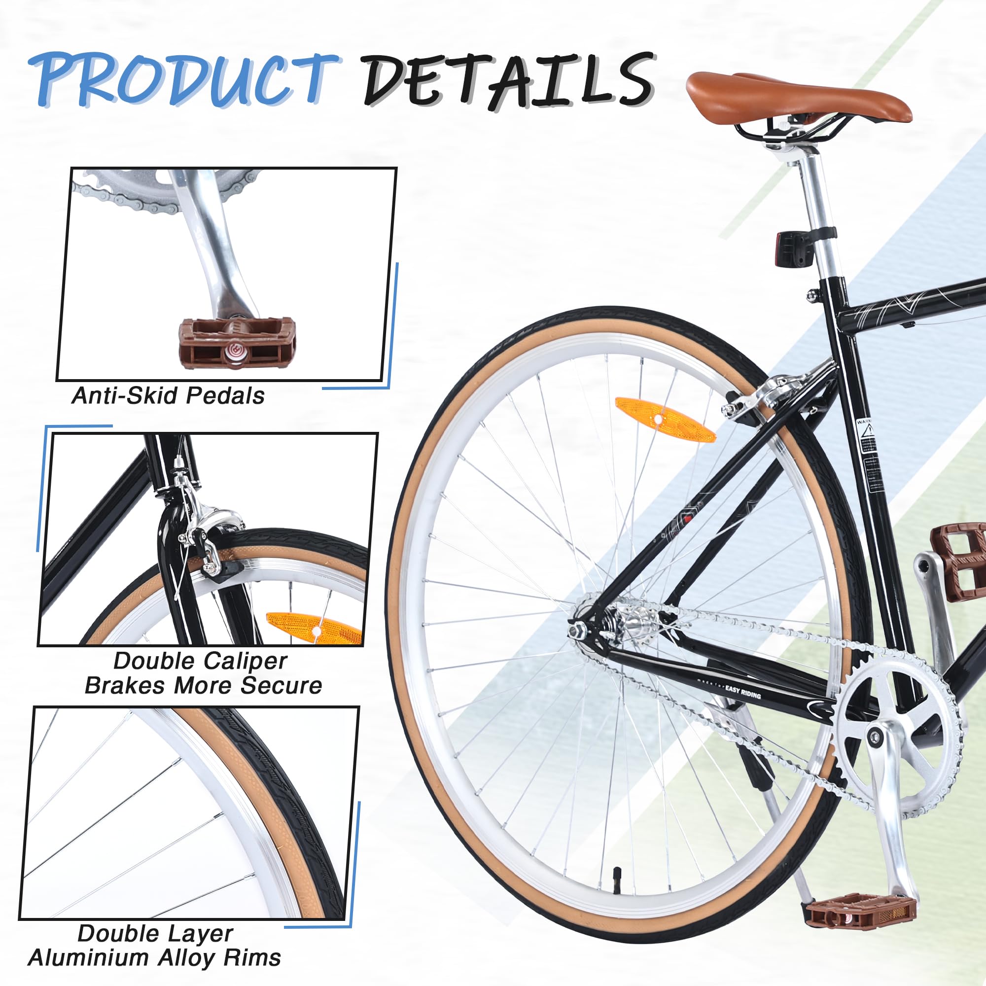 Men's & Women's Hybrid Bike - 700C Lightweight Single Speed Commuter Bicycle with Fixed Gear | Urban City Bike for Adults | Perfect for Daily Commuting, Road Sports & Outdoor Vacation Riding