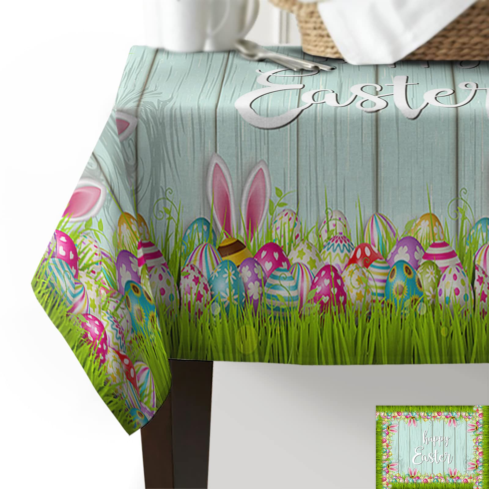 Waterproof Easter Tablecloth 60x120 Inches - Bunny & Egg Design Polyester Table Cover for Square/Round/Rectangle Tables | Spring Party Decorations in Green & Blue | Perfect for Easter Celebrations, Family Gatherings & Holiday Dining