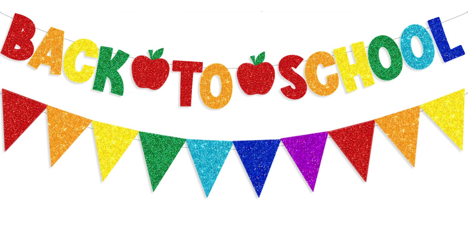 Glitter Back to School Banner - Colorful Glittery Pennant Banner for Classroom Decor, Teacher Office & First Day of School Supplies | Perfect for School Parties, Bulletin Boards & Welcome Decorations | Great for Classrooms, Teacher Appreciation, School Events & Home Learning Spaces