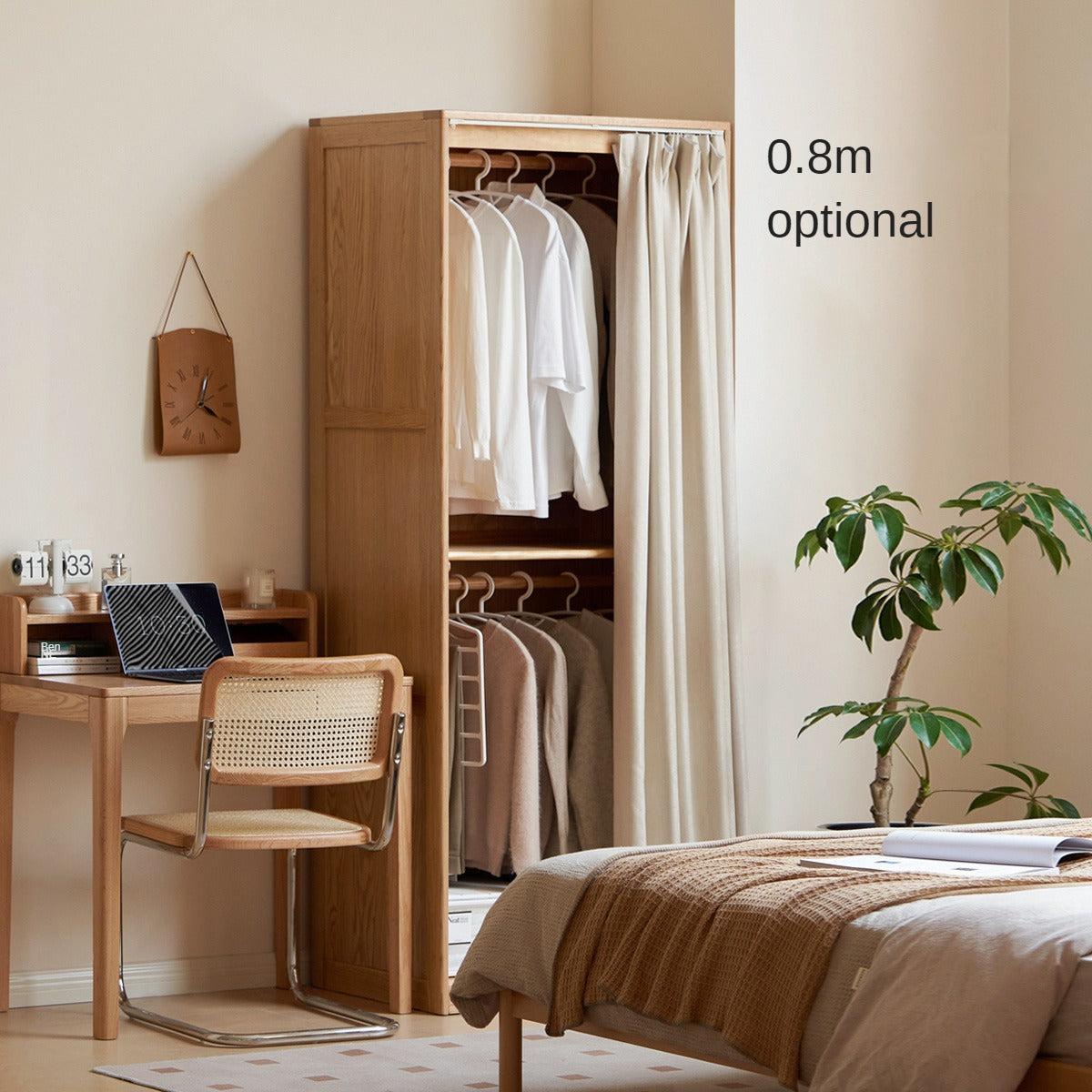 Oak Solid Wood Wardrobe with Curtain Design - Elegant Closet Storage for Bedroom, Living Room & Dorm Organization