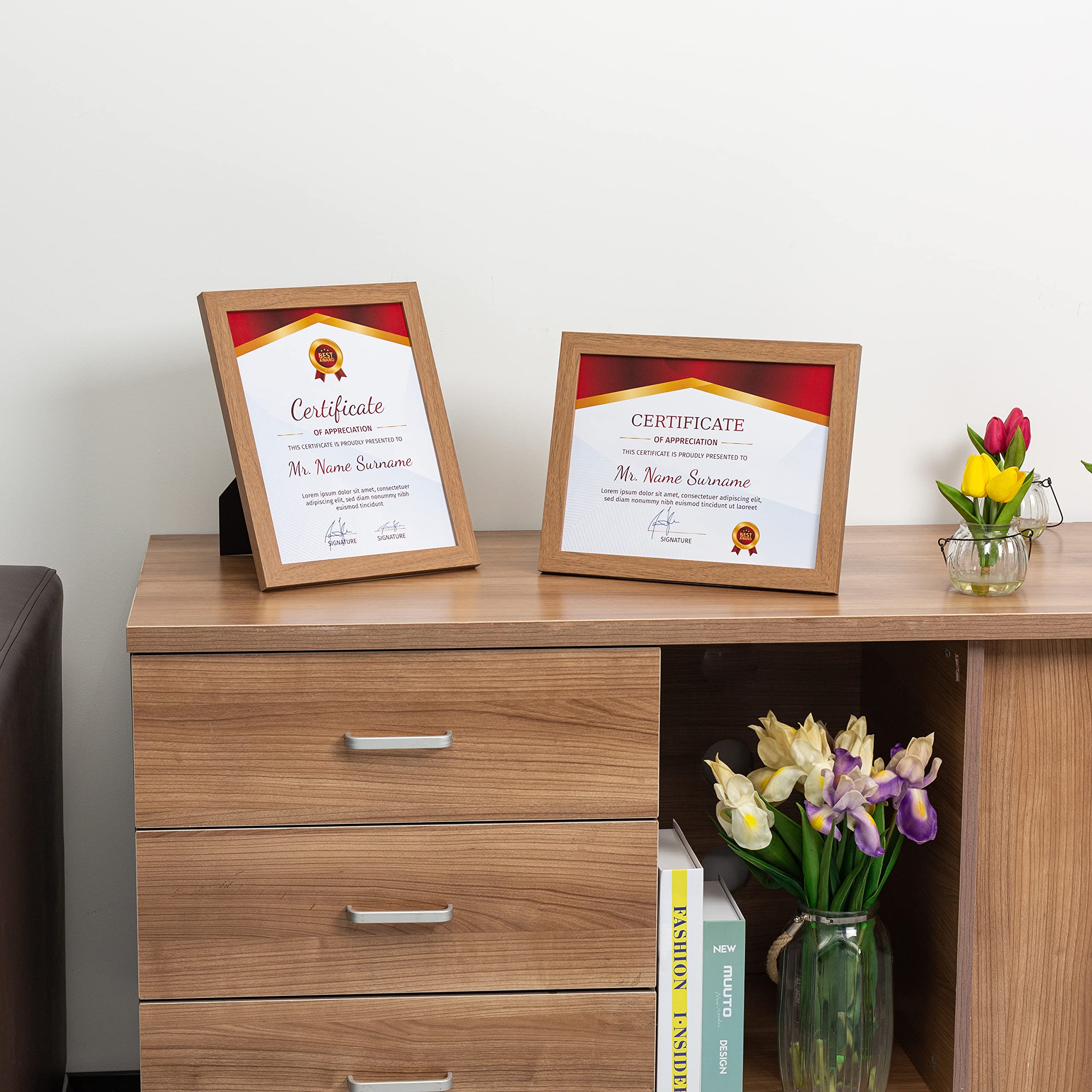 8.5x11 Wooden Picture Frames with Tempered Glass - Golden Oak Finish, 2-Pack for Home Office Decor, Certificates & Photo Display