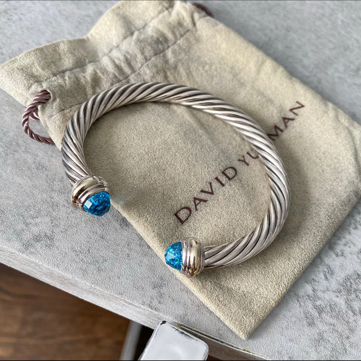 David Yurman Sterling Silver 14k Gold Classic Cable Bracelet with Blue Topaz - Elegant Jewelry Gift for Women, Perfect for Weddings & Special Occasions