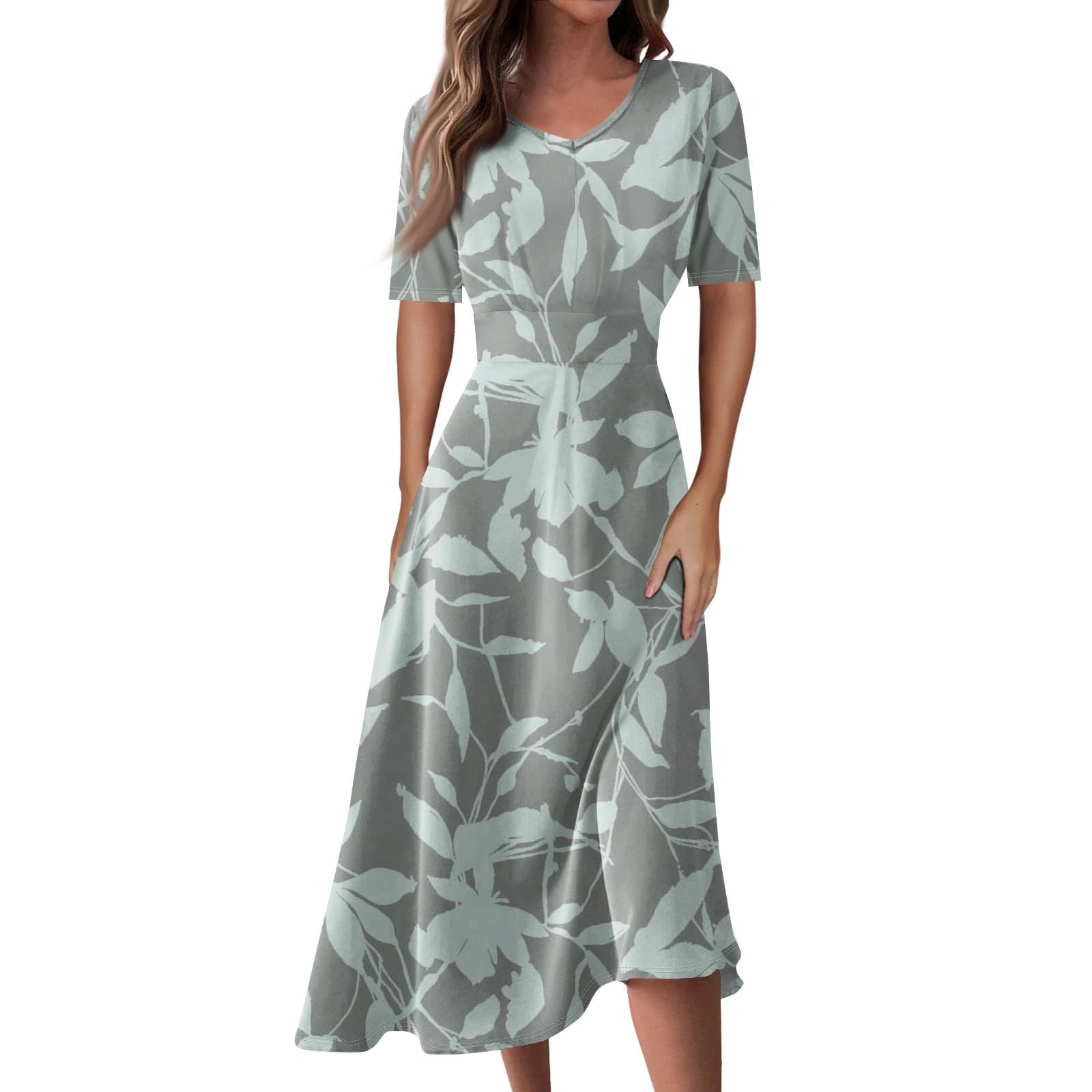 DOPOCQ Women's Summer Dresses 2024 - Floral Short Sleeve V-Neck High Waist Swing Maxi Dress for Beach, Wedding, Party & Casual Wear