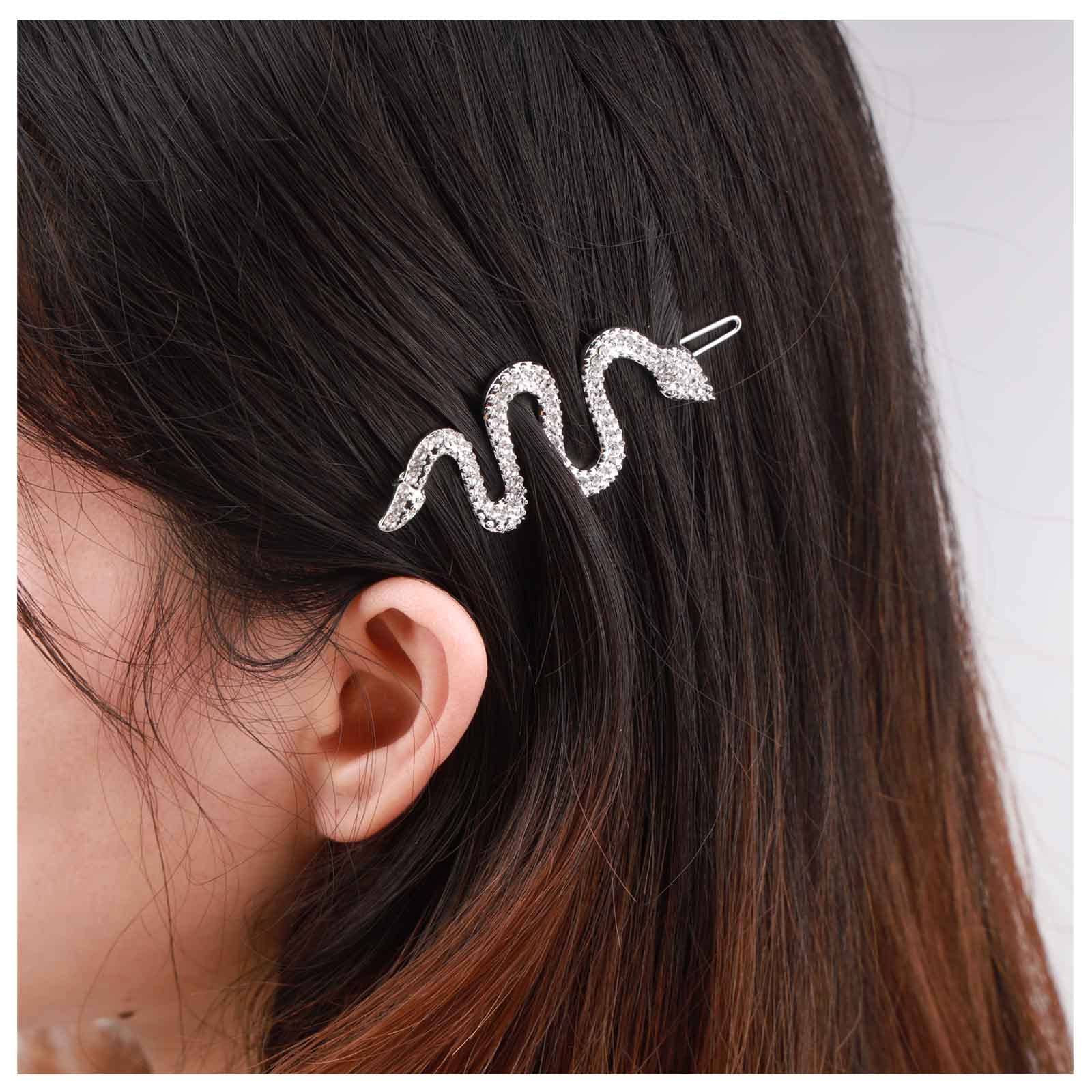 Boho Crystal Snake Hair Clip - Silver Rhinestone Pave Barrette Pin for Women & Girls | Elegant Minimalist Side Hair Clips | Perfect for Weddings, Parties & Everyday Wear