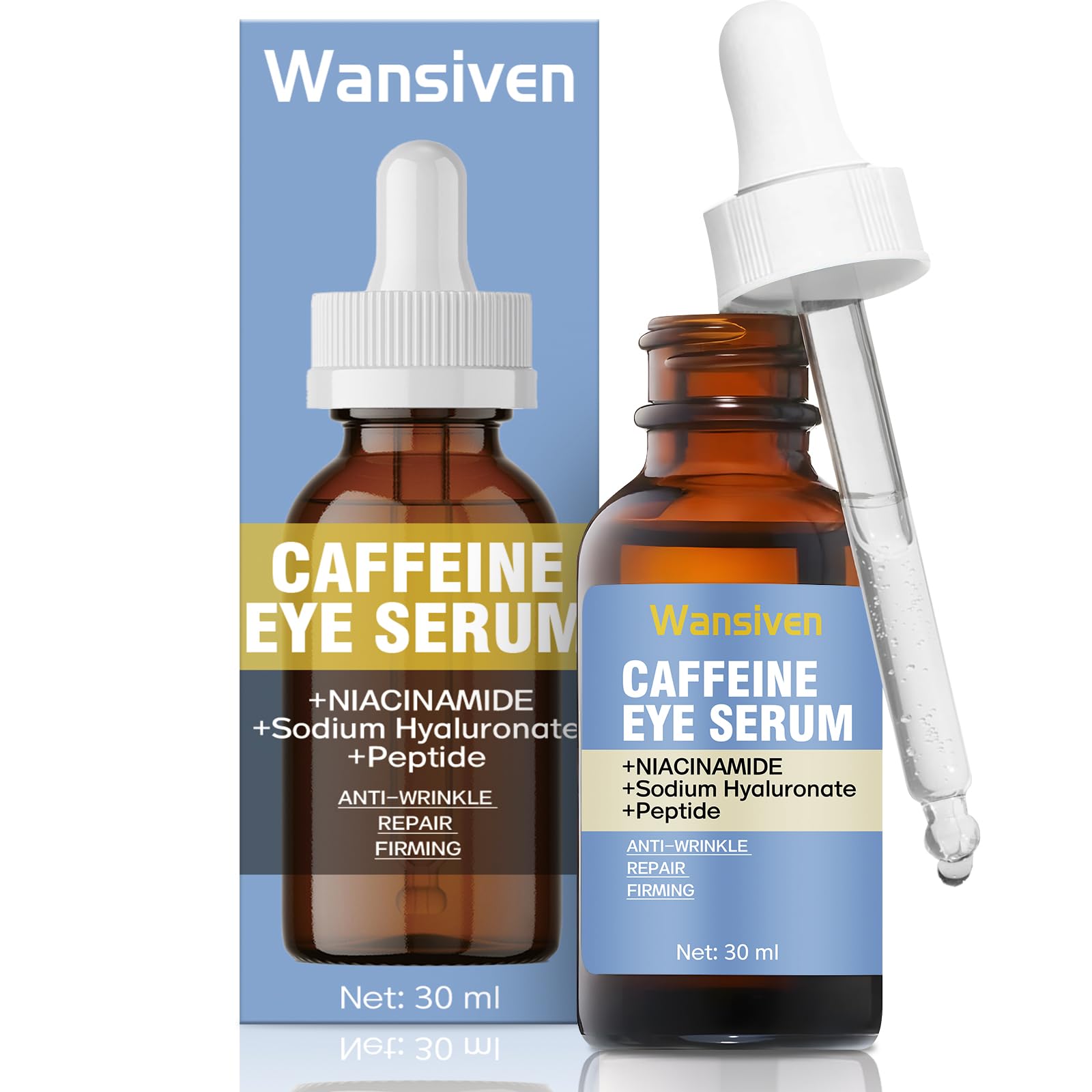 Wansiven Caffeine Eye Serum for Dark Circles & Puffy Eyes - Anti Wrinkle Repair, Lifting & Smoothing Eye Cream with Hyaluronic Acid & Niacinamide - Skincare for Men & Women, 30 ml - Perfect for Morning & Night Routine, Travel & Daily Use