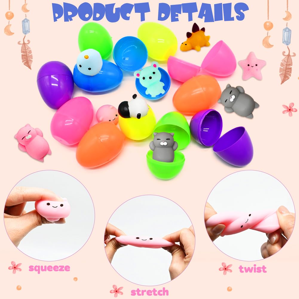 28Pcs Easter Eggs Filled with Mochi Squishy Toys - Mini Kawaii Animal Stress Relief Toys for Kids - Perfect for Easter Egg Hunts, Basket Stuffers, Classroom Gifts & Party Favors - Fun Sensory Play & Relaxation Toys for Children