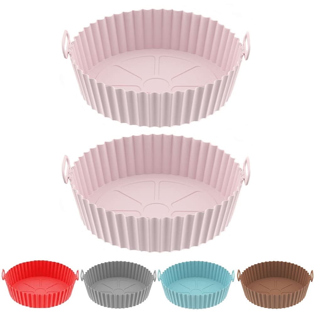 2-Pack Silicone Air Fryer Accessories Set - Non-Stick Baking Tray & Round Liners for 3.6-6.8QT Air Fryers (Pink) | Perfect for Healthy Cooking, Roasting Vegetables & Baking Desserts