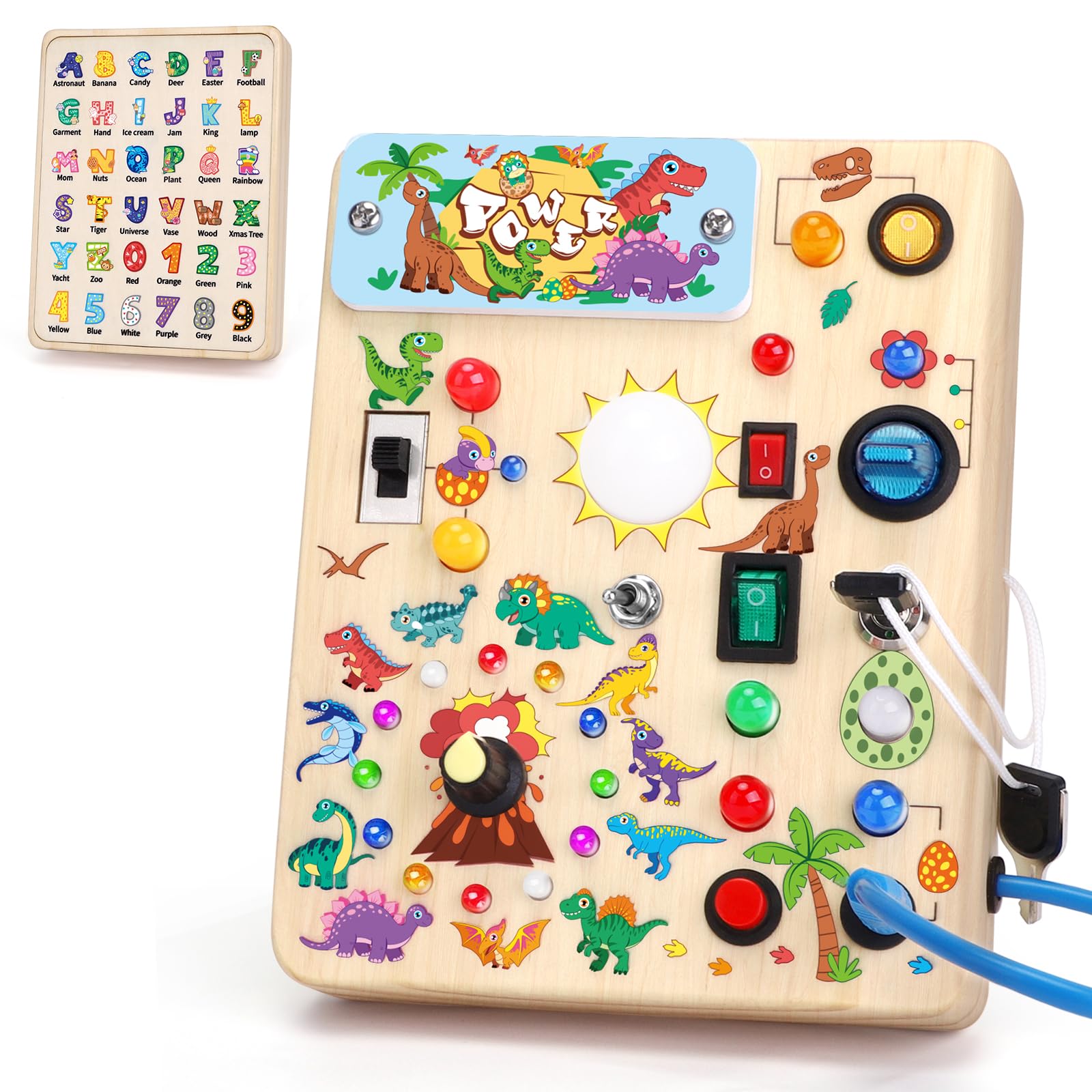 Dinosaur Busy Board Montessori Toys for Toddlers 1-3 Years Old - Wooden Sensory Travel Learning Toy for 1+ Year Old Boys & Girls - Perfect Gift for Airplane, Car Rides & Home Play (Dinosaur Busy Board Plus V2)