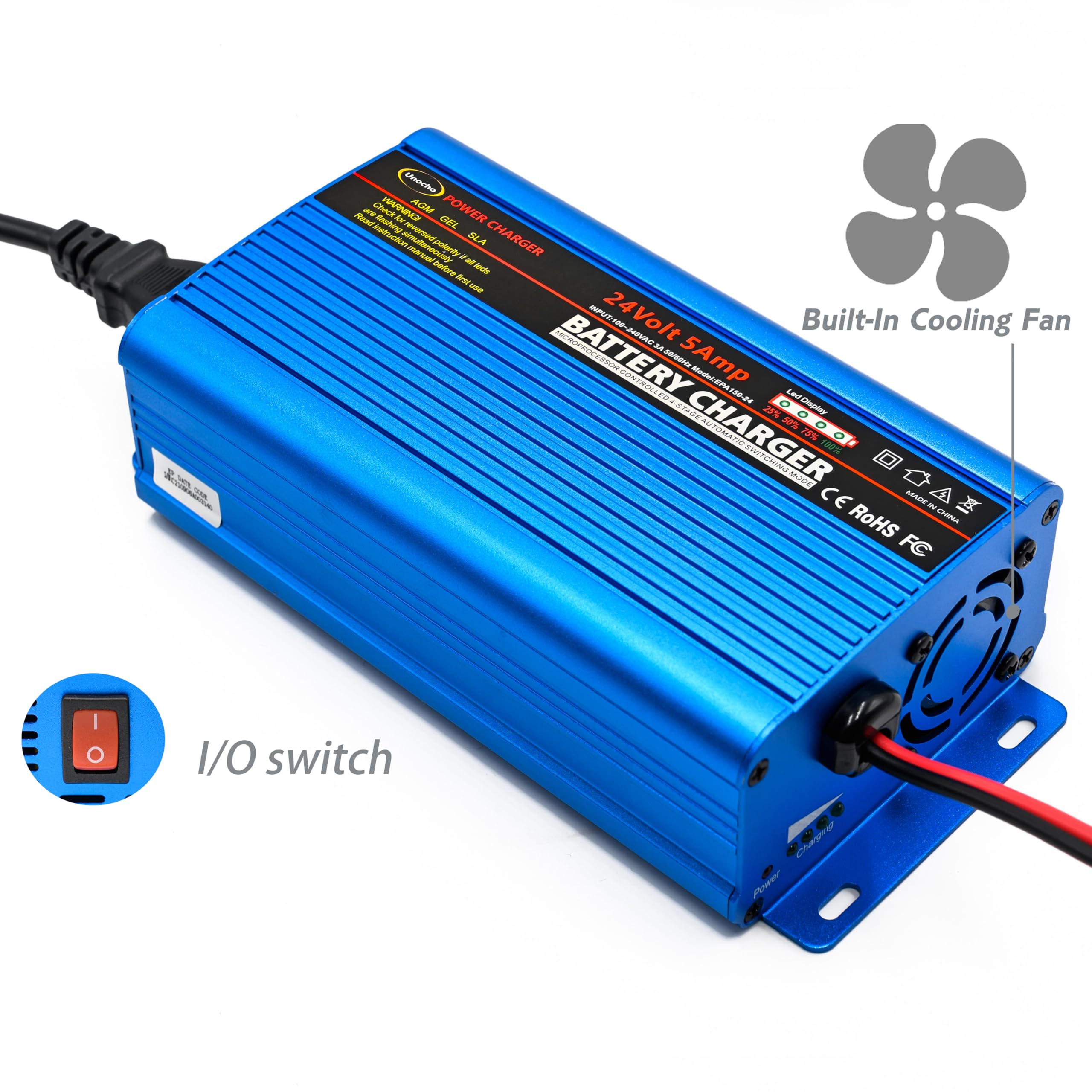 Unocho 24V Smart Automatic Battery Charger - 5A Car Battery Maintainer with Trickle Charge, 3-Pin XLR & Alligator Clips, I/O Switch - Perfect for Cars, Motorcycles, Boats & RVs