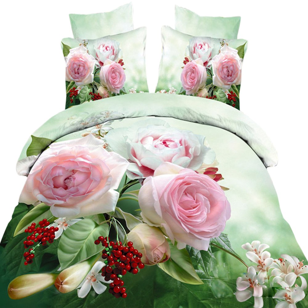EsyDream 100% Cotton 3D Oil Queen Size Pink Rose Princess Duvet Cover Set (4PC) - Soft Luxury Bedding for King/Queen Beds - Perfect for Master Bedrooms, Guest Rooms & Romantic Decor