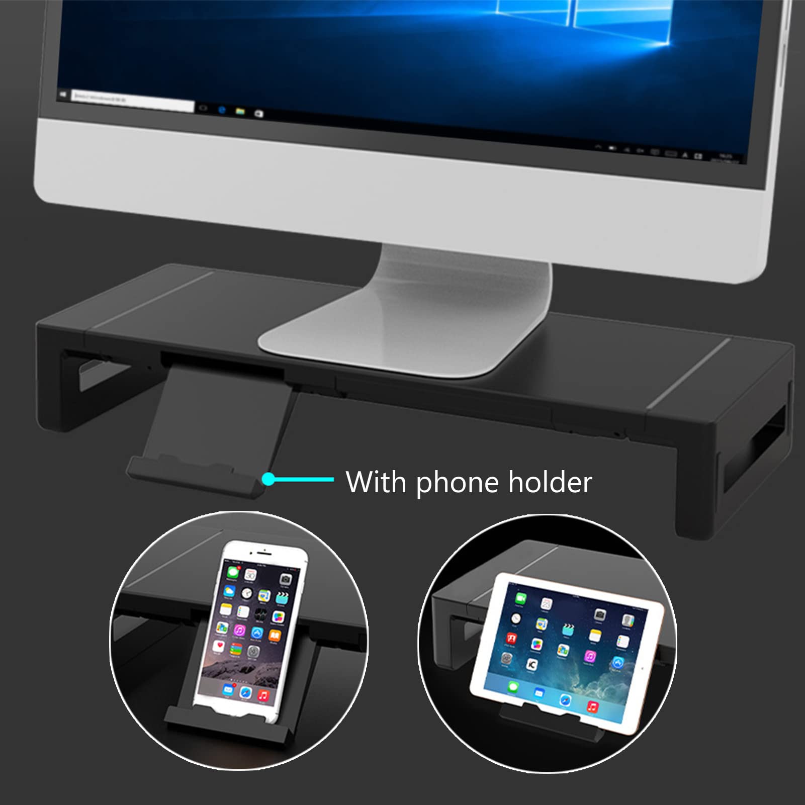 Akozon Adjustable RGB Monitor Stand Riser with USB 3.0 Charging, Foldable Desktop Organizer with Storage Box & Phone Holder for PC, Laptop, and Computer - Perfect for Home Office and Gaming Setups