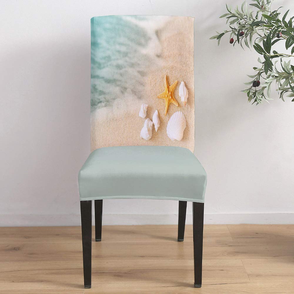 6-Piece Stretch Chair Slipcovers - Natural Landscape Print, Soft Waterproof Seat Covers, Washable Dining Chair Protectors for Home, Hotel & Beach Decor (Summer Sand Starfish Shell Design) - Perfect for Dining Rooms, Coastal Themed Weddings & Outdoor Events
