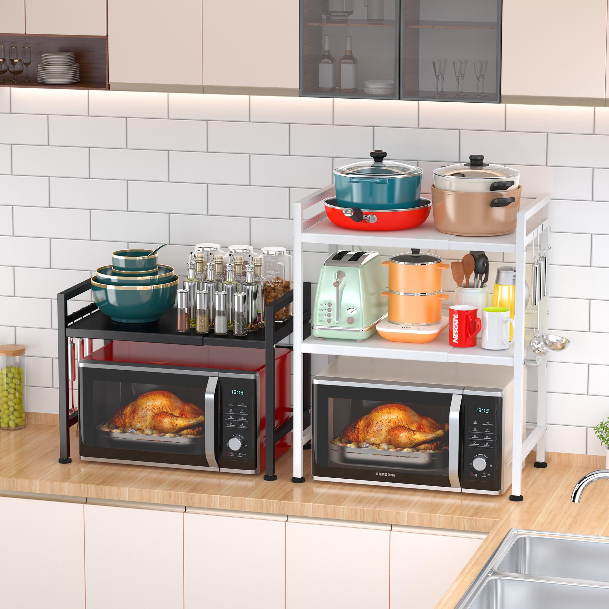 PUSDON Adjustable Microwave Oven Rack - Heavy Duty 2-Tier Kitchen Organizer with 3 Hooks for Countertop, 160lbs Capacity - Space Saving Solution for Microwave, Toaster & Small Appliances - Perfect for Small Kitchens & Apartment Living (Black)