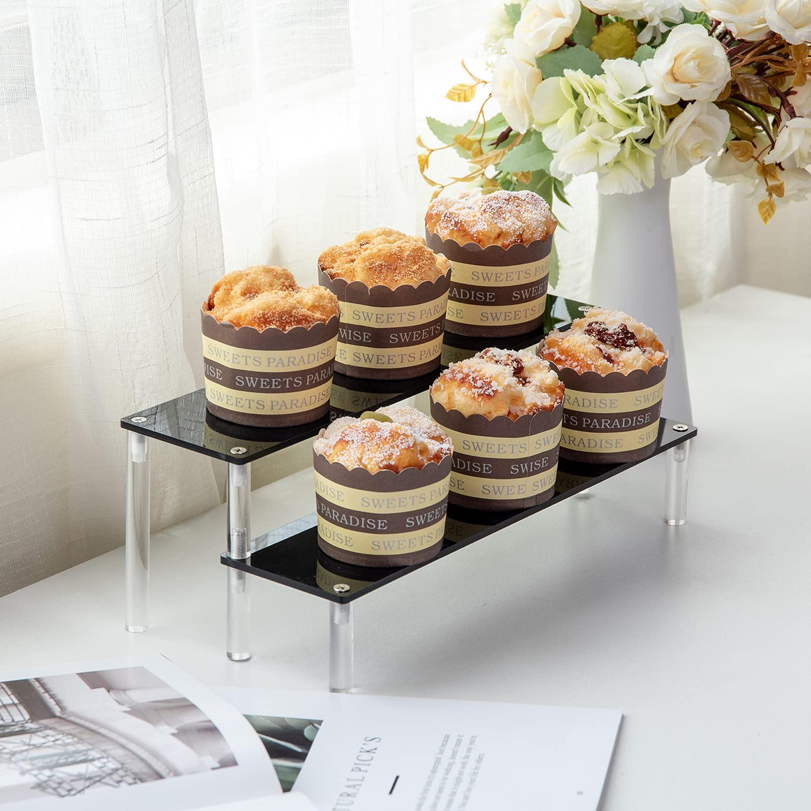 2 Tier Black Acrylic Cupcake Stand - Decorative Display Riser for Desserts, Makeup, Jewelry & Home Decor - Perfect for Parties, Weddings & Retail Displays