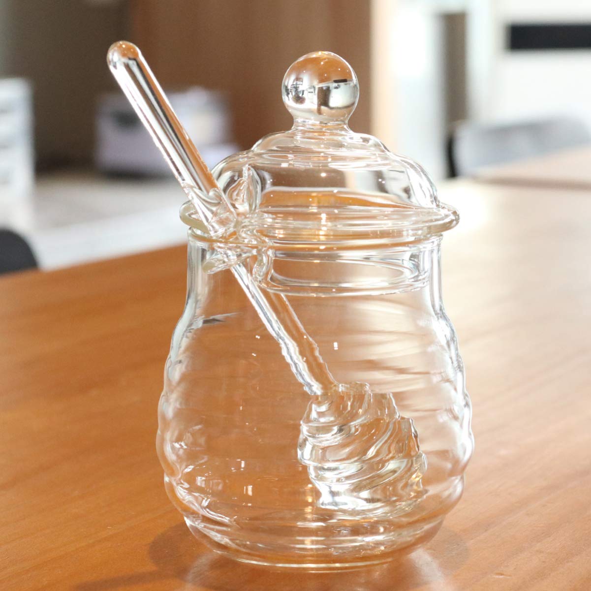 Premium Glass Honey Jar with Wooden Lid & Dipper – Clear Honey Pot for Bee Honey, Syrup, Jam – Airtight Dispenser Container for Kitchen, Pantry, Coffee & Tea Station